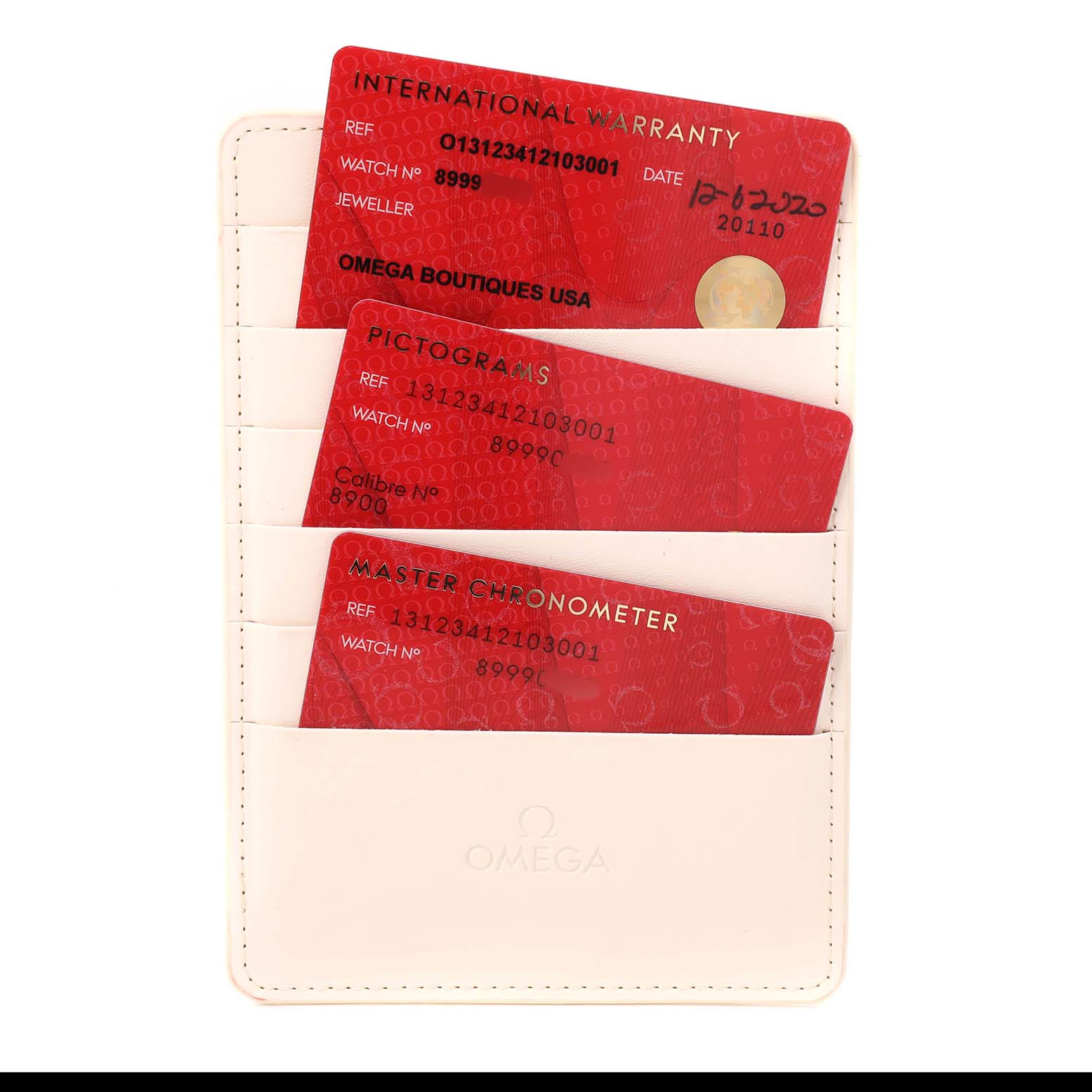 The image shows warranty and certification cards for the Omega Constellation 131.23.41.21.03.001 Men's Stainless Steel Blue Dial model in a card holder.