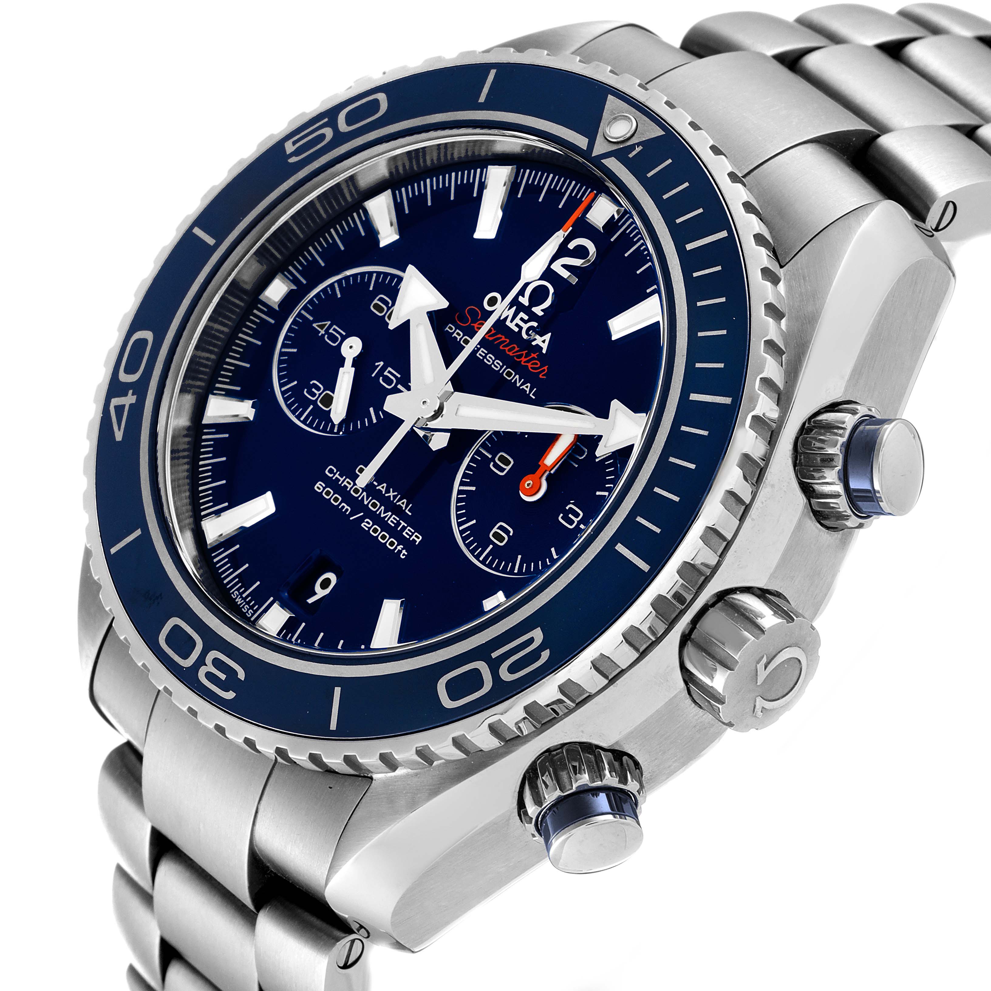 The image shows a side angle view of the Omega Planet Ocean 232.90.46.51.03.001 Men's Titanium Blue Dial 232.90.46.51.03.001 Men's Titanium Blue Dial watch, highlighting its bezel, crown, and chronograph buttons.
