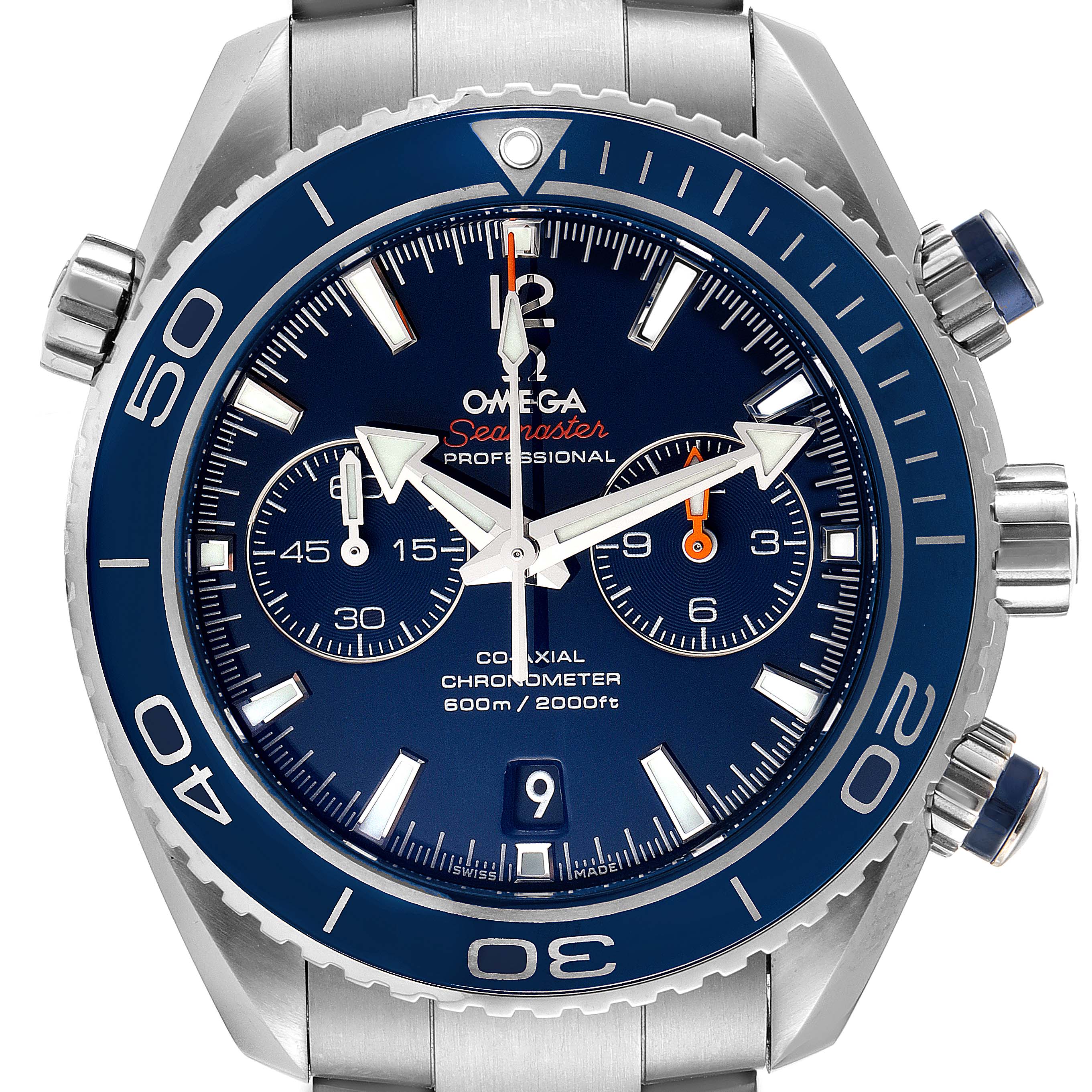This Omega Planet Ocean 232.90.46.51.03.001 Men's Titanium Blue Dial 232.90.46.51.03.001 Men's Titanium Blue Dial watch is shown from the front, displaying its dial, bezel, chronograph subdials, and stainless steel bracelet.