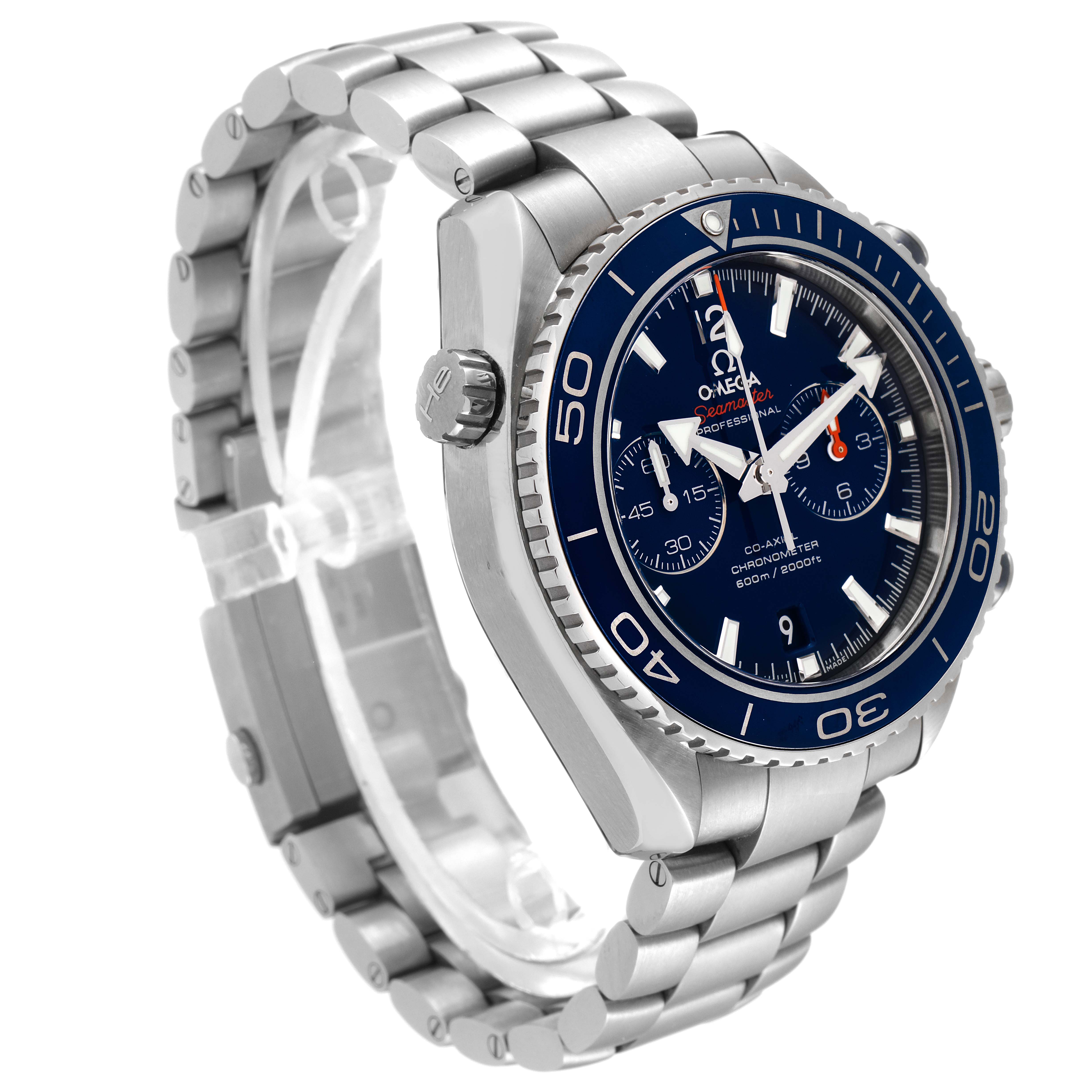 The image shows a side angle view of the Omega Planet Ocean 232.90.46.51.03.001 Men's Titanium Blue Dial 232.90.46.51.03.001 Men's Titanium Blue Dial watch, highlighting the dial, bezel, case, and metallic strap.
