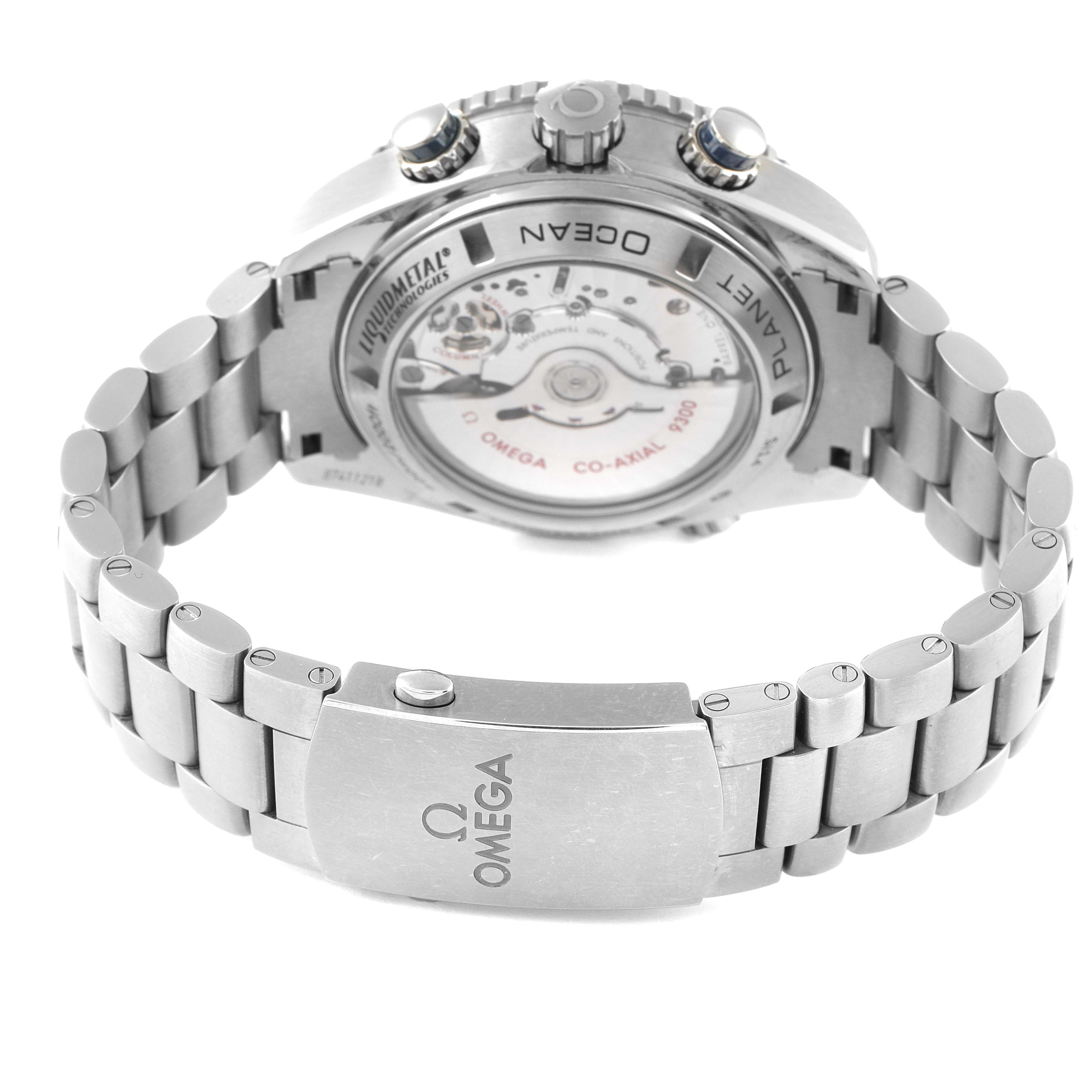 The image shows the back view of an Omega Planet Ocean 232.90.46.51.03.001 Men's Titanium Blue Dial 232.90.46.51.03.001 Men's Titanium Blue Dial watch, highlighting its case back, bracelet, and clasp.