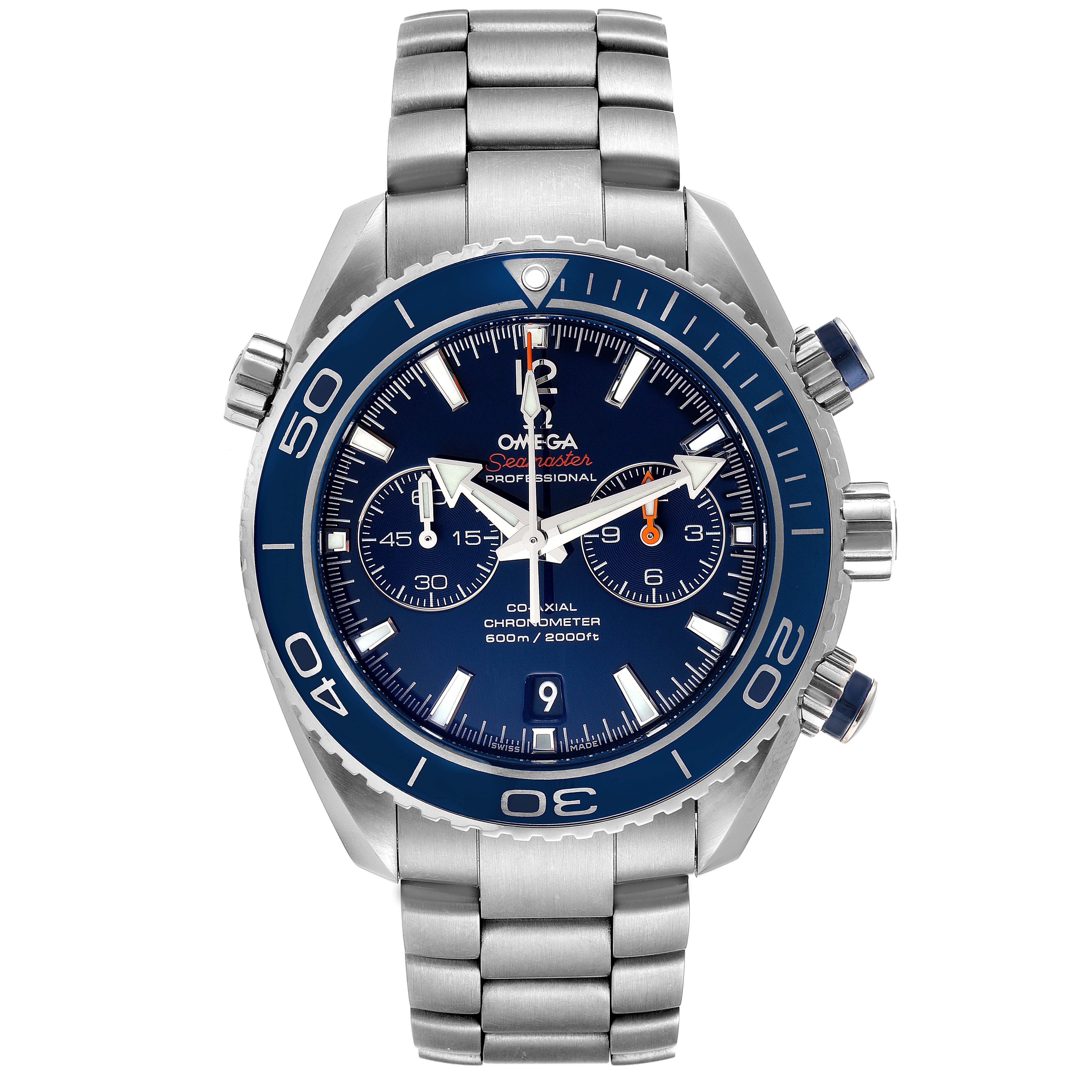 The image shows a front view of the Omega Planet Ocean 232.90.46.51.03.001 Men's Titanium Blue Dial 232.90.46.51.03.001 Men's Titanium Blue Dial watch, displaying its face, bezel, and stainless steel bracelet.