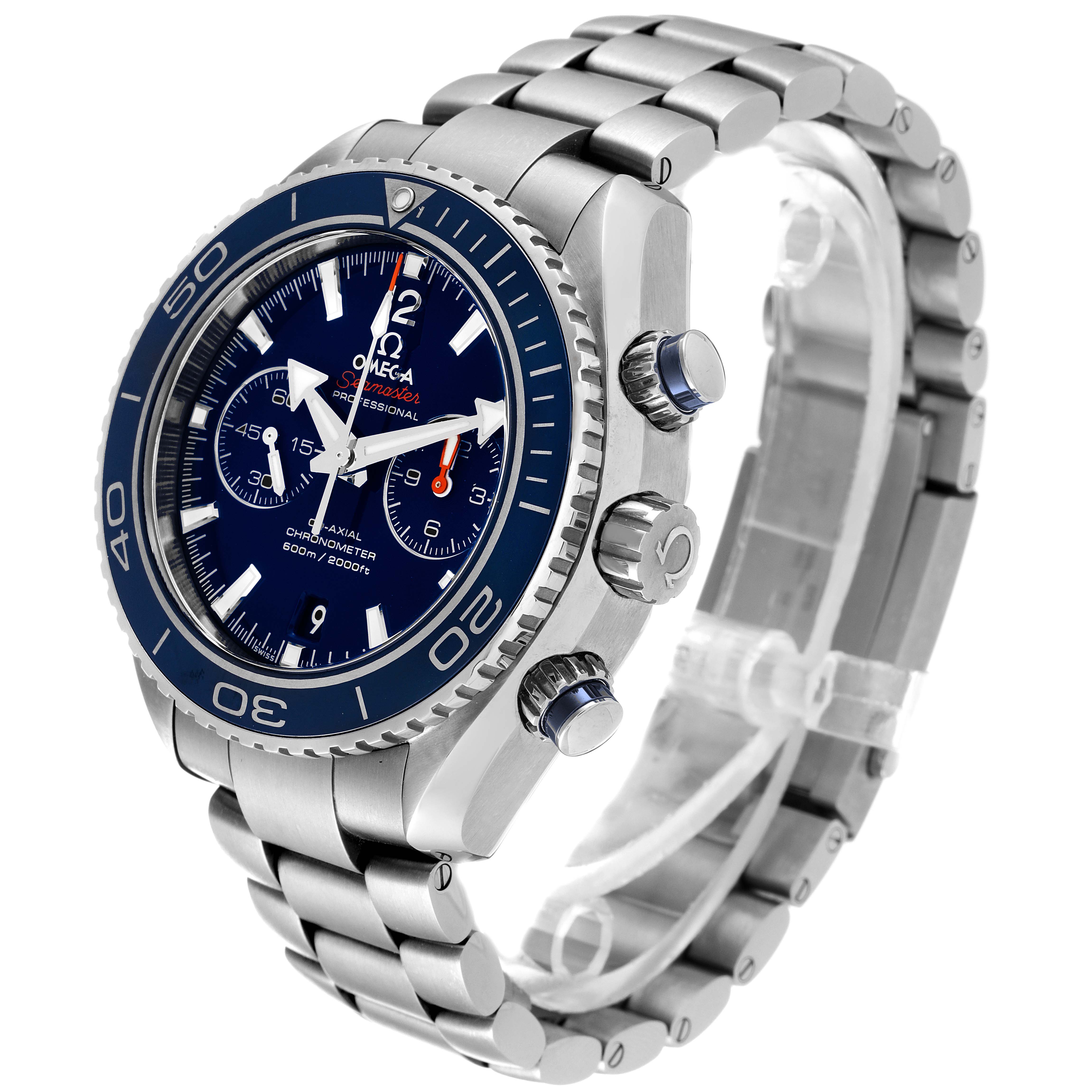 The image shows a side angle of the Omega Planet Ocean 232.90.46.51.03.001 Men's Titanium Blue Dial 232.90.46.51.03.001 Men's Titanium Blue Dial watch, highlighting its face, bezel, crown, buttons, and steel bracelet.