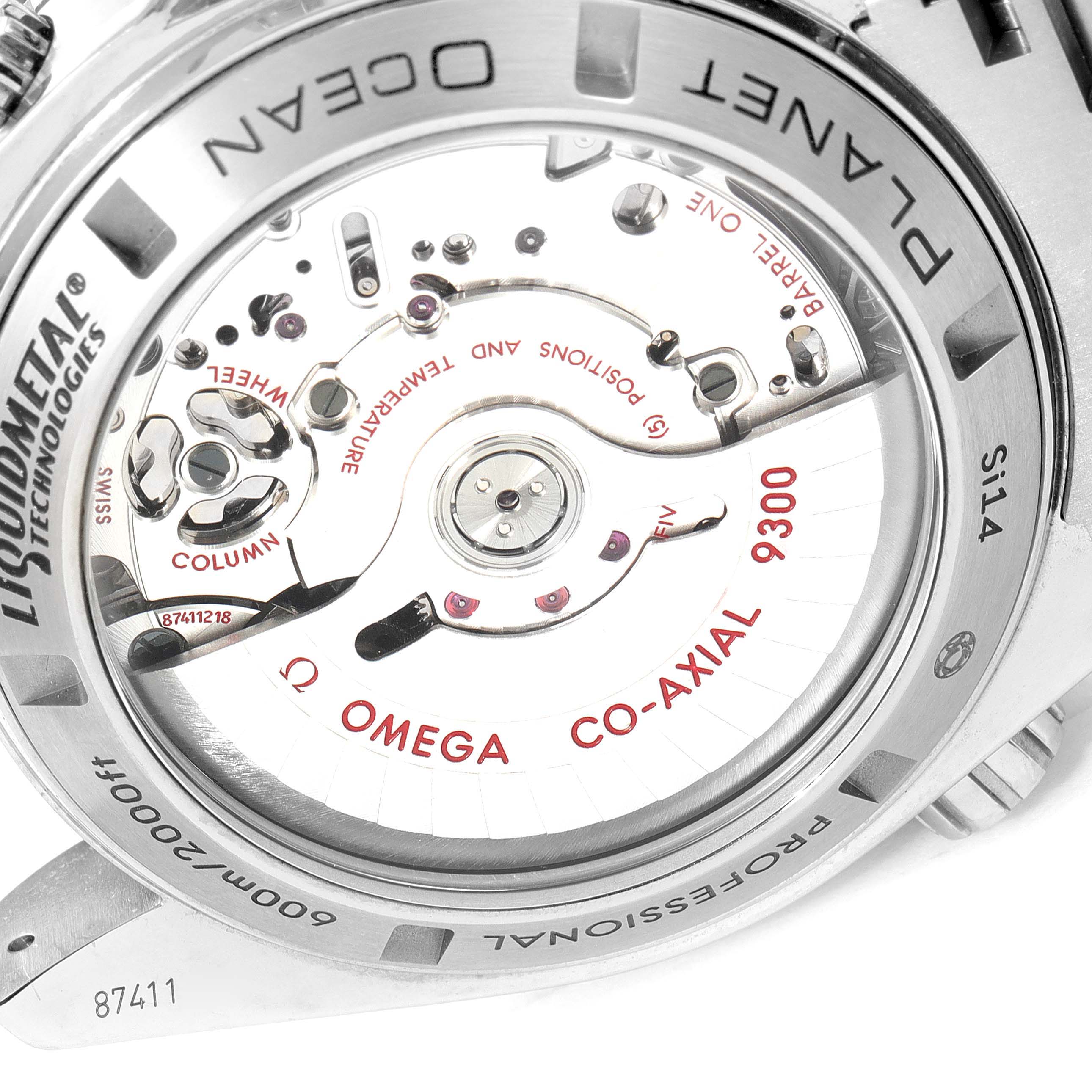 The image shows the back view of the Omega Planet Ocean 232.90.46.51.03.001 Men's Titanium Blue Dial 232.90.46.51.03.001 Men's Titanium Blue Dial watch, highlighting its movement and internal mechanics.