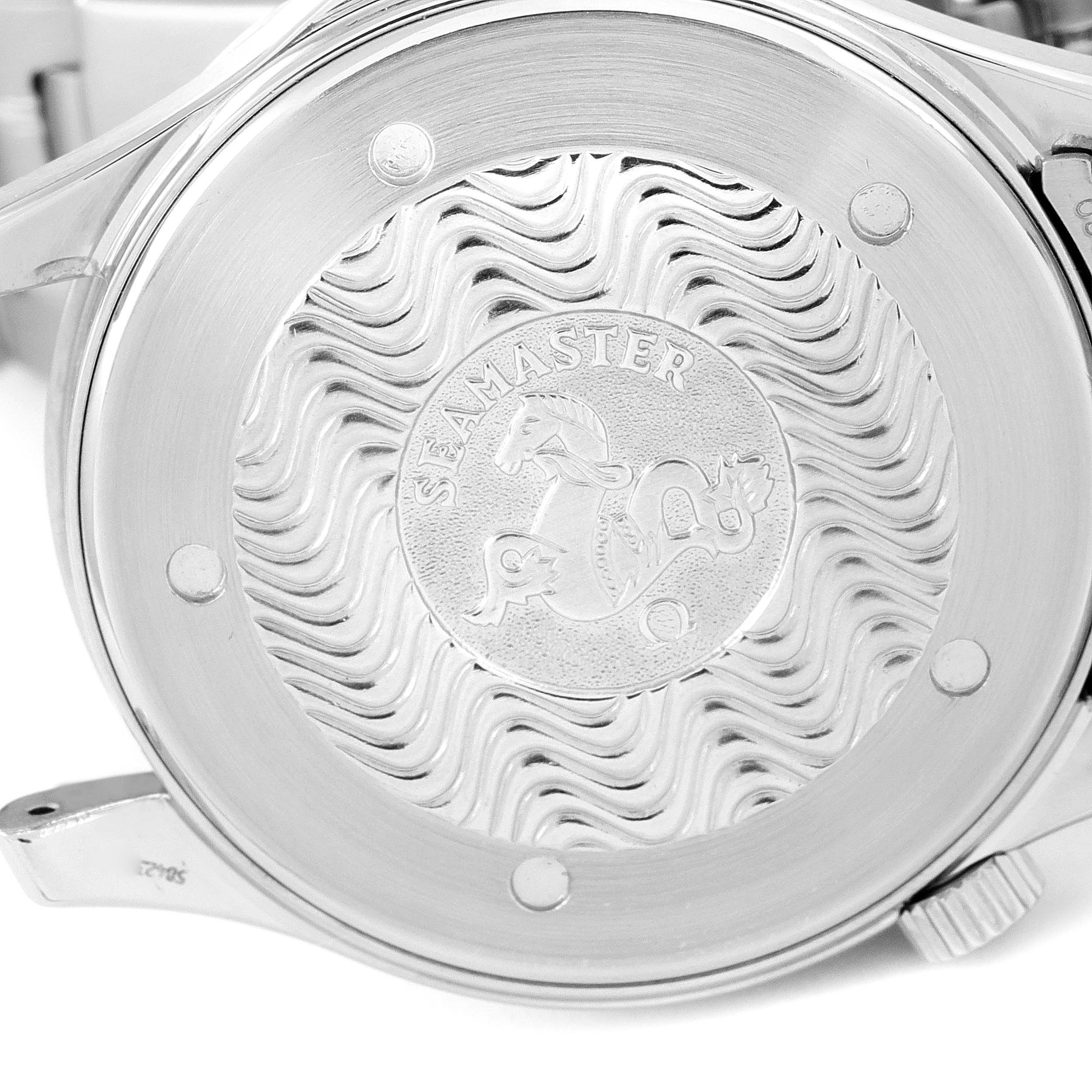 The image shows the case back of an Omega Seamaster 2264.50.00 Men's Stainless Steel Black Dial 2264.50.00 Men's Stainless Steel Black Dial watch with an engraving of the hippocampus and wavy pattern.