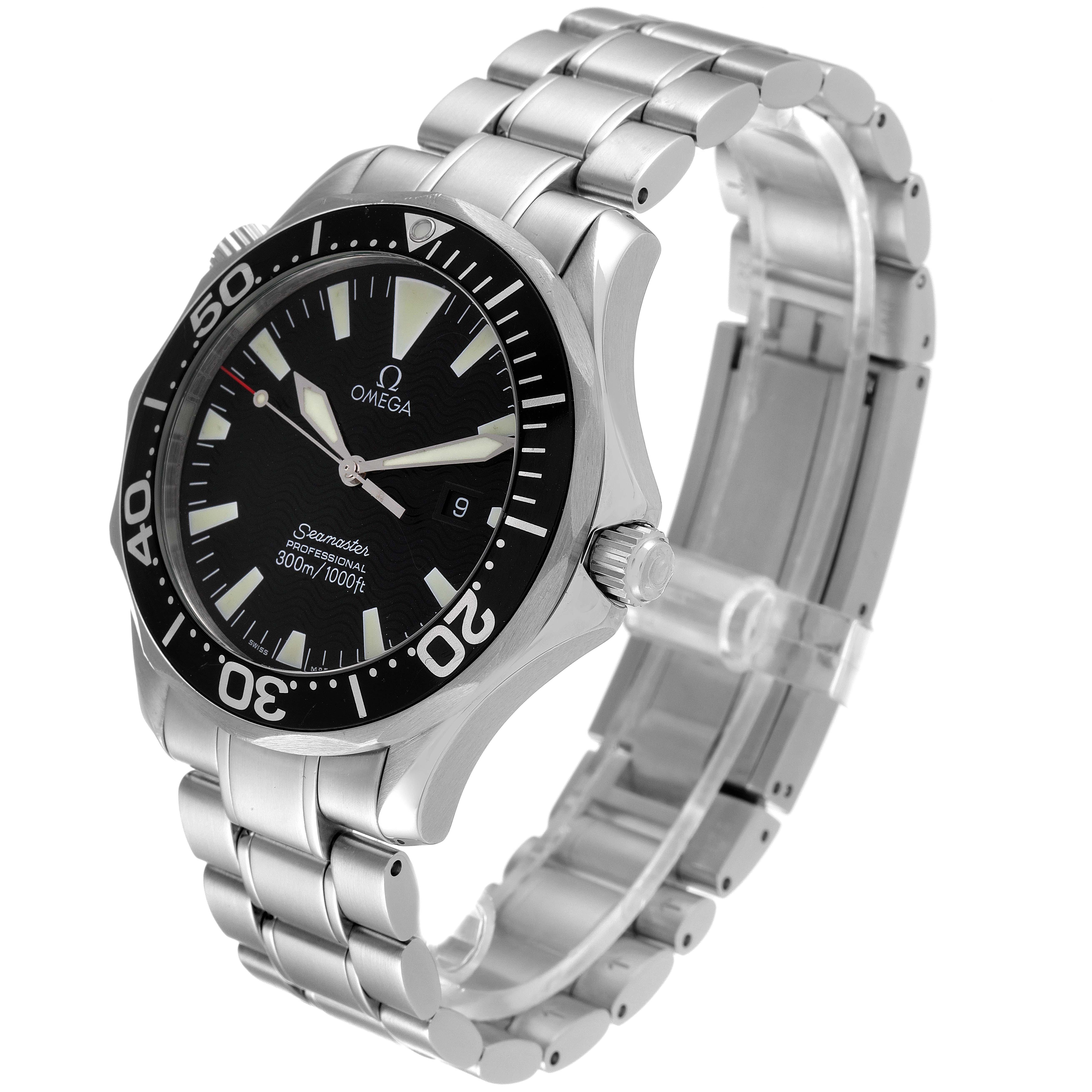 The image shows an angled side view of the Omega Seamaster 2264.50.00 Men's Stainless Steel Black Dial 2264.50.00 Men's Stainless Steel Black Dial watch, highlighting the bezel, dial, and bracelet.
