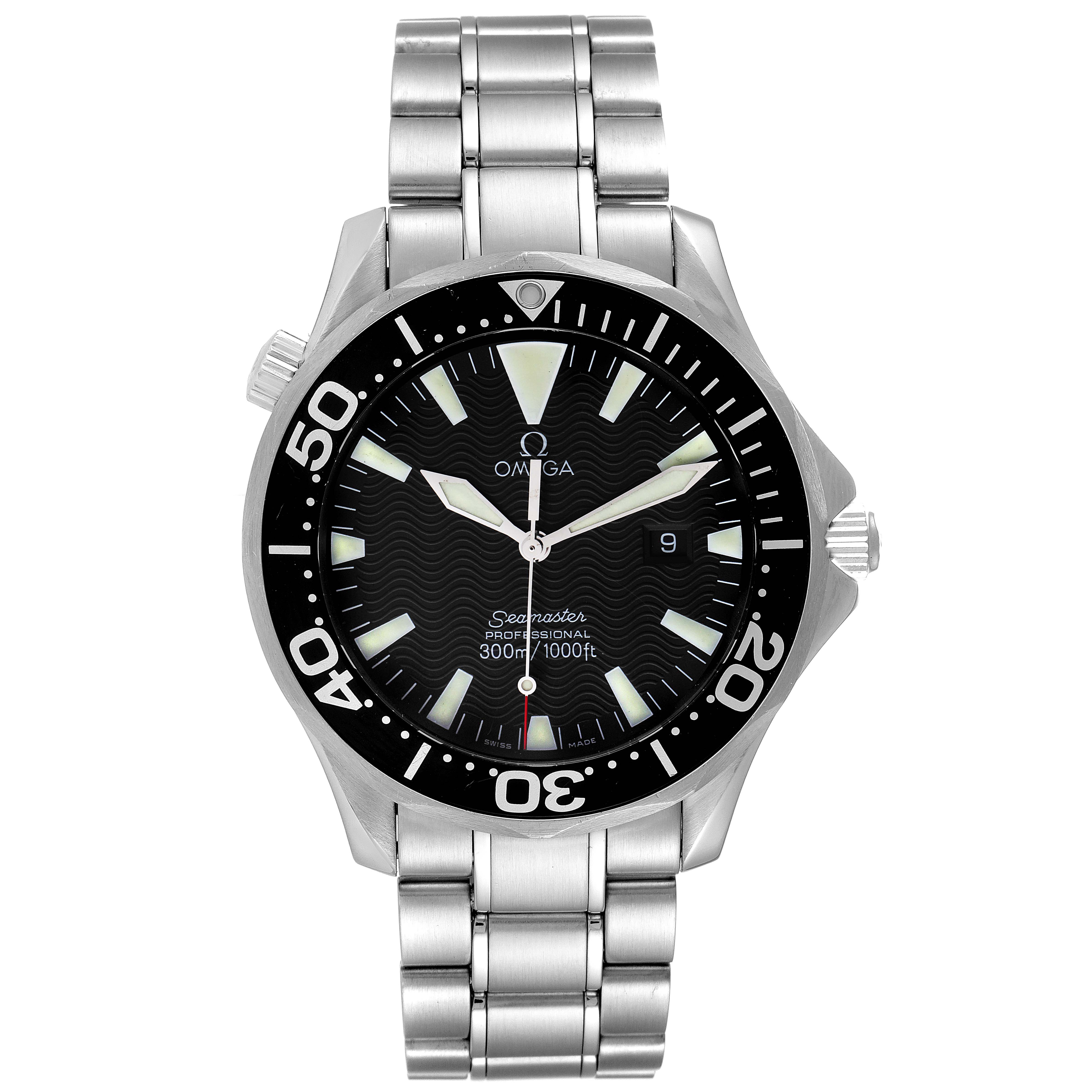 The image shows a front view of the Omega Seamaster 2264.50.00 Men's Stainless Steel Black Dial 2264.50.00 Men's Stainless Steel Black Dial watch, displaying the dial, bezel, and stainless steel bracelet.