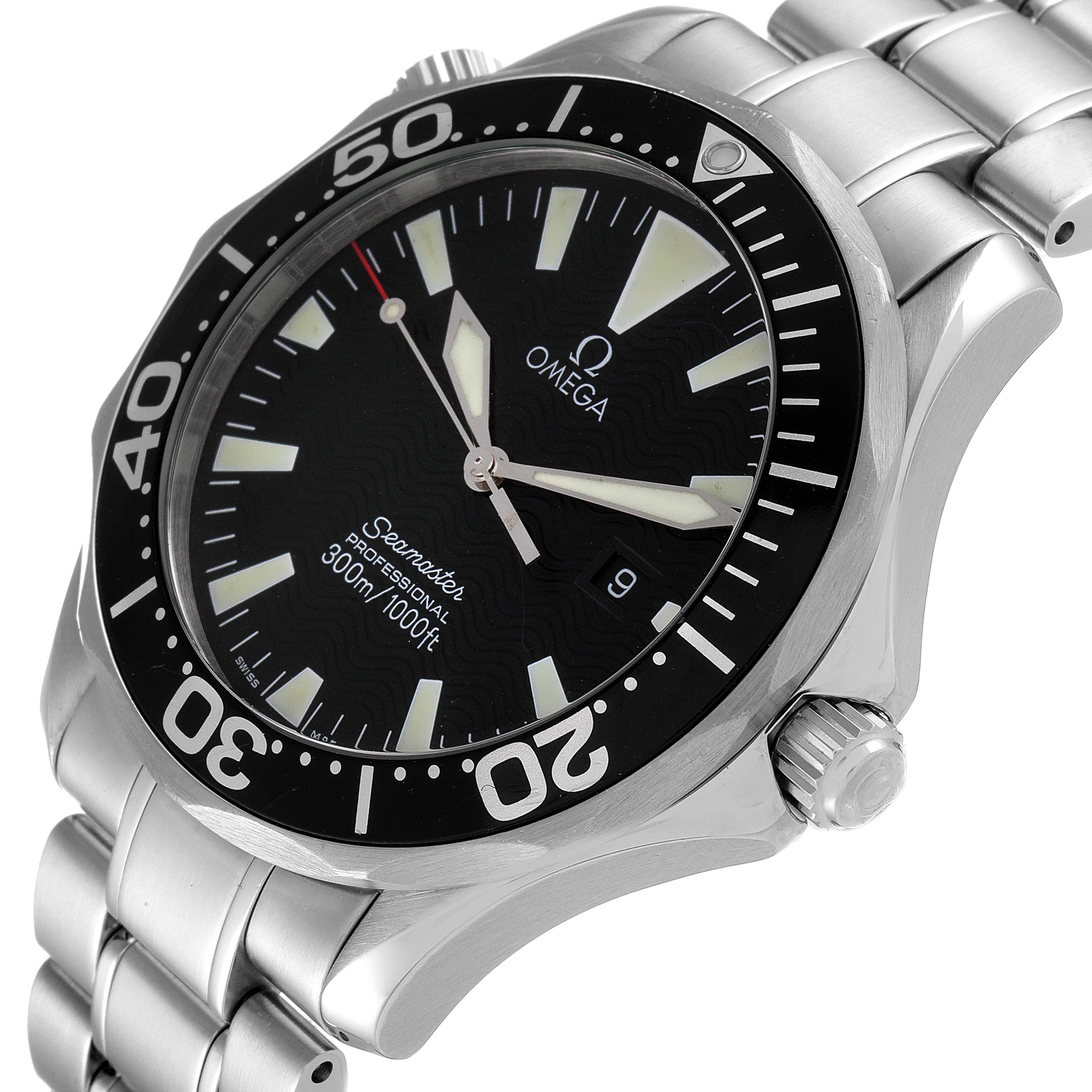 The image shows the front and right side of the Omega Seamaster 2264.50.00 Men's Stainless Steel Black Dial 2264.50.00 Men's Stainless Steel Black Dial watch, including the bezel, dial, hands, and part of the bracelet.