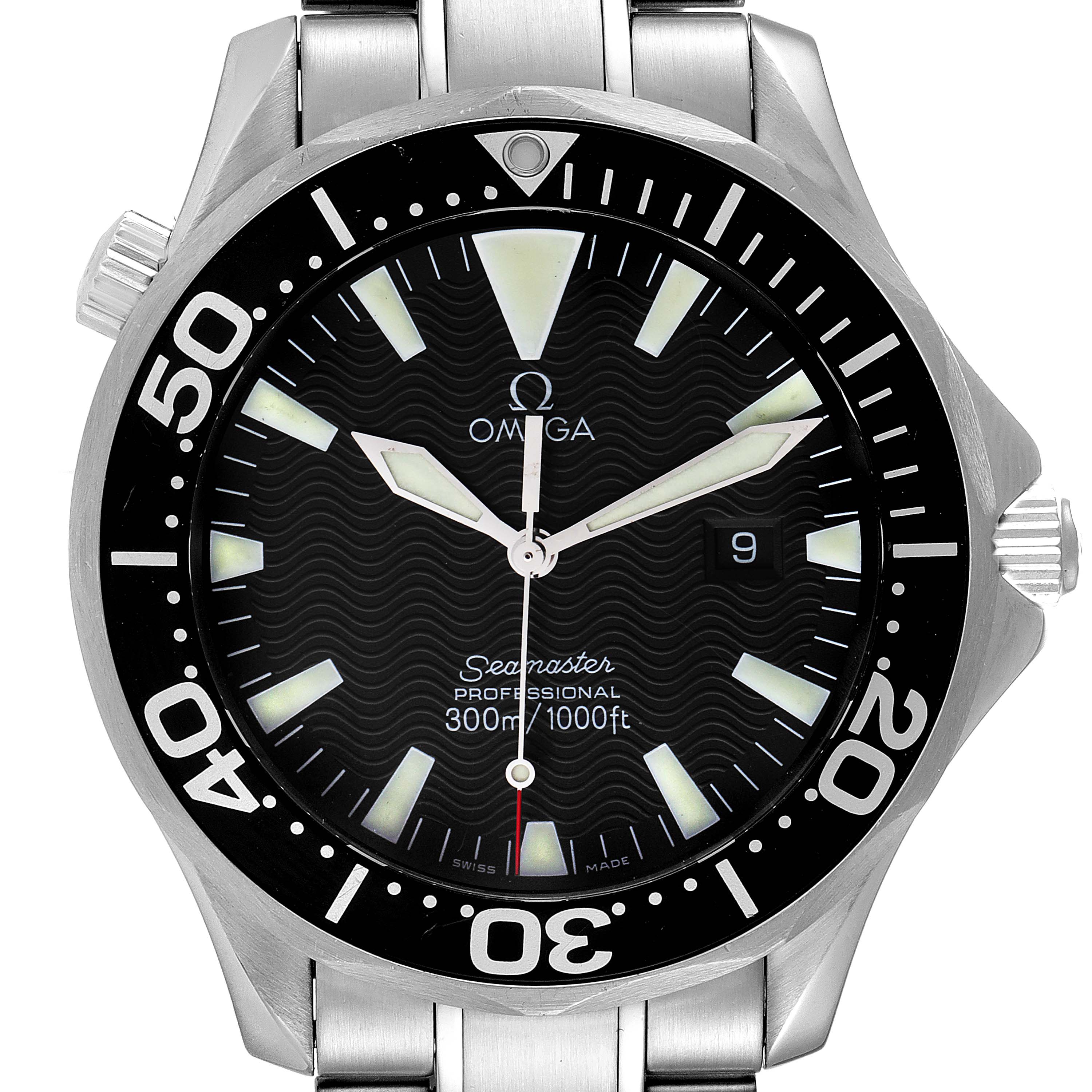 The image shows a frontal close-up of the Omega Seamaster 2264.50.00 Men's Stainless Steel Black Dial 2264.50.00 Men's Stainless Steel Black Dial watch, highlighting its dial, bezel, and part of the bracelet.