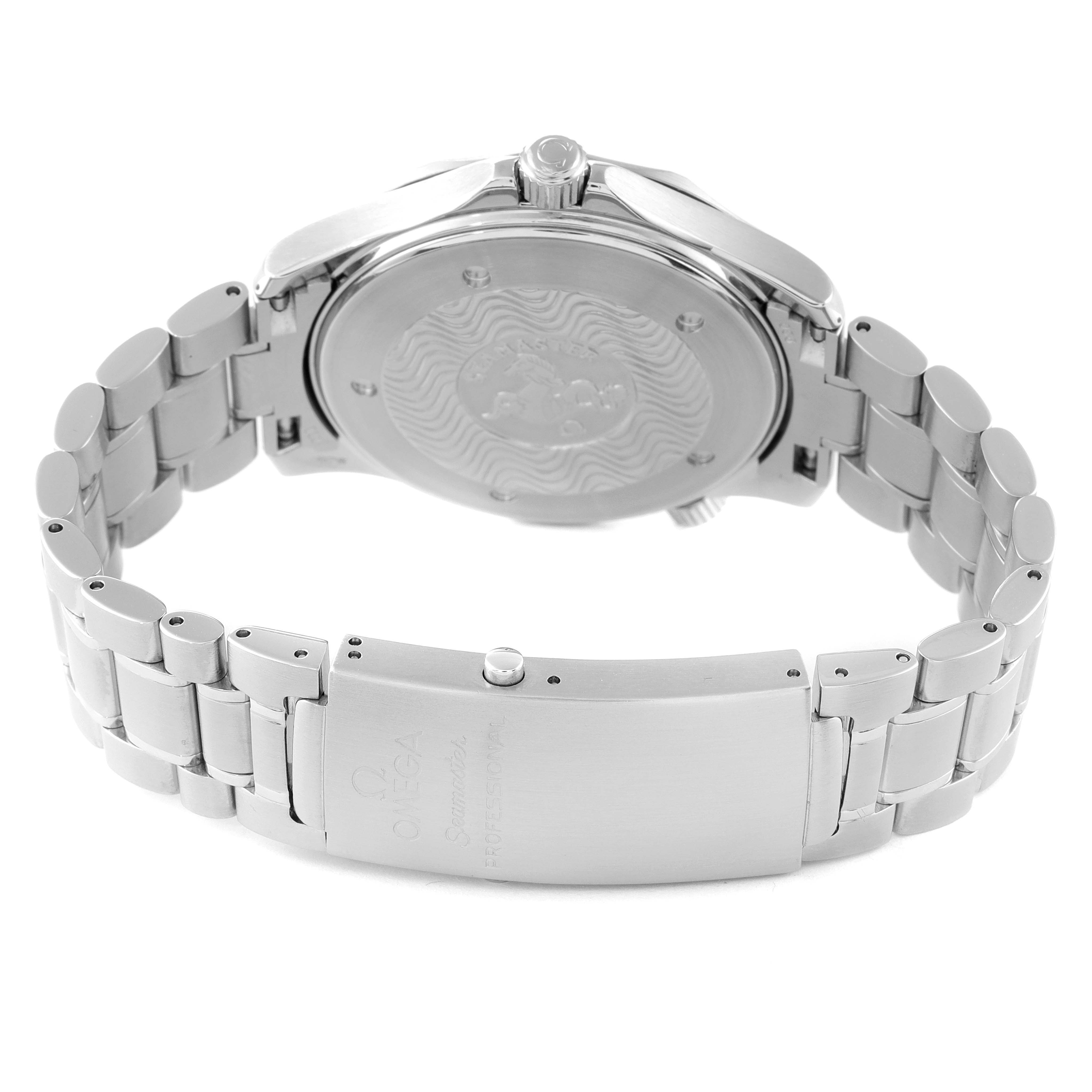 The image shows the back view of an Omega Seamaster 2264.50.00 Men's Stainless Steel Black Dial 2264.50.00 Men's Stainless Steel Black Dial watch, highlighting the case back and metal bracelet with the clasp.