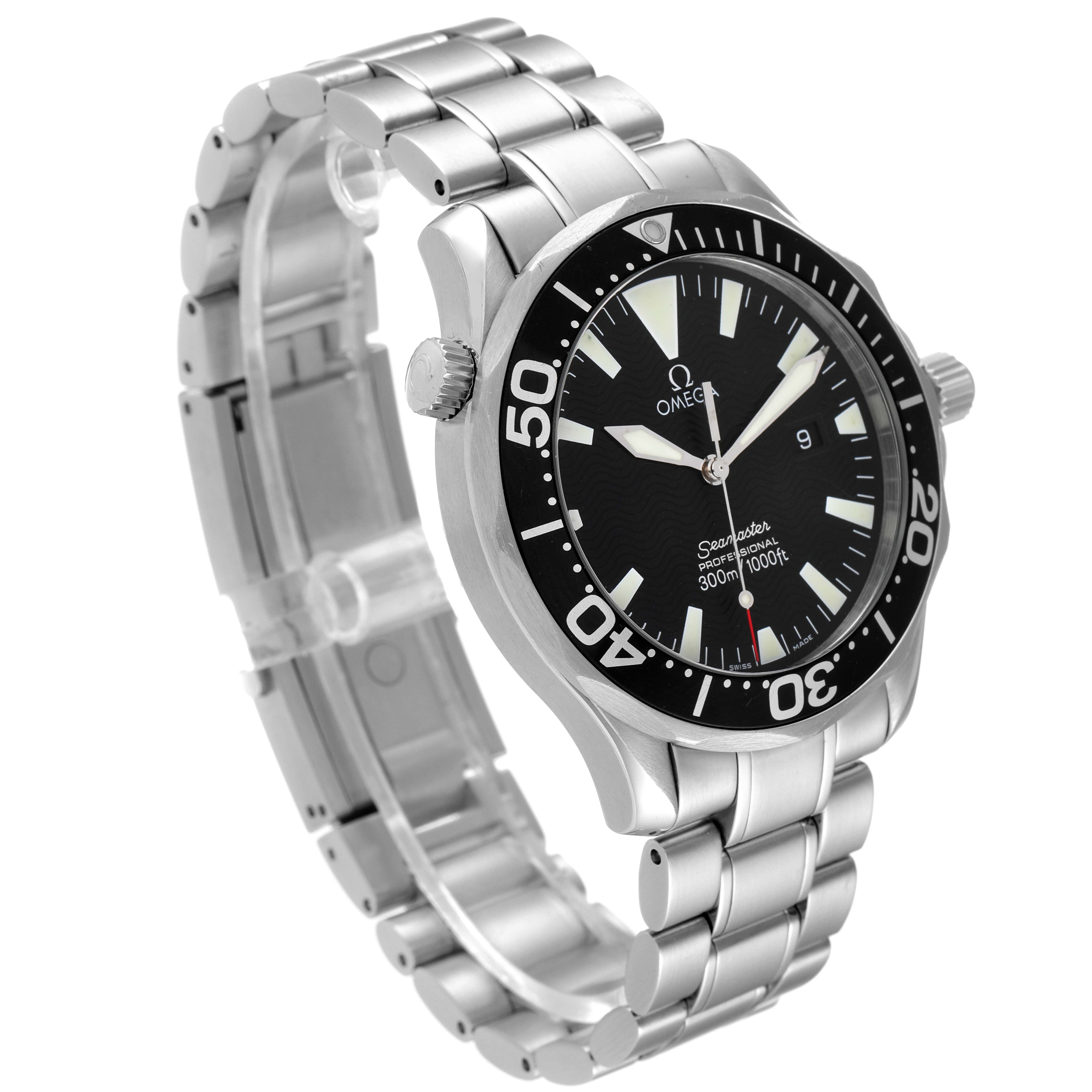 The image shows a side angle of the Omega Seamaster 2264.50.00 Men's Stainless Steel Black Dial 2264.50.00 Men's Stainless Steel Black Dial watch, highlighting the bracelet, bezel, dial, and crown.