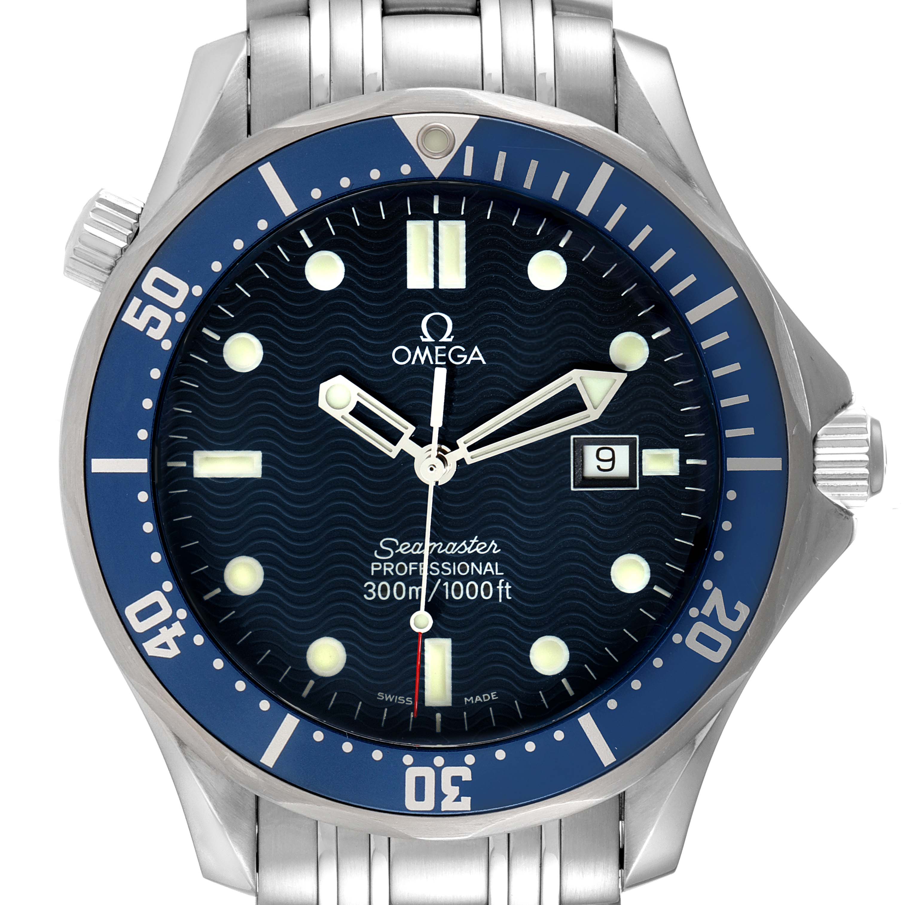 This image shows a front view of the Omega Seamaster 41625 Men's Stainless Steel Blue Dial 41625 Men's Stainless Steel Blue Dial watch, highlighting the dial, bezel, and part of the bracelet.