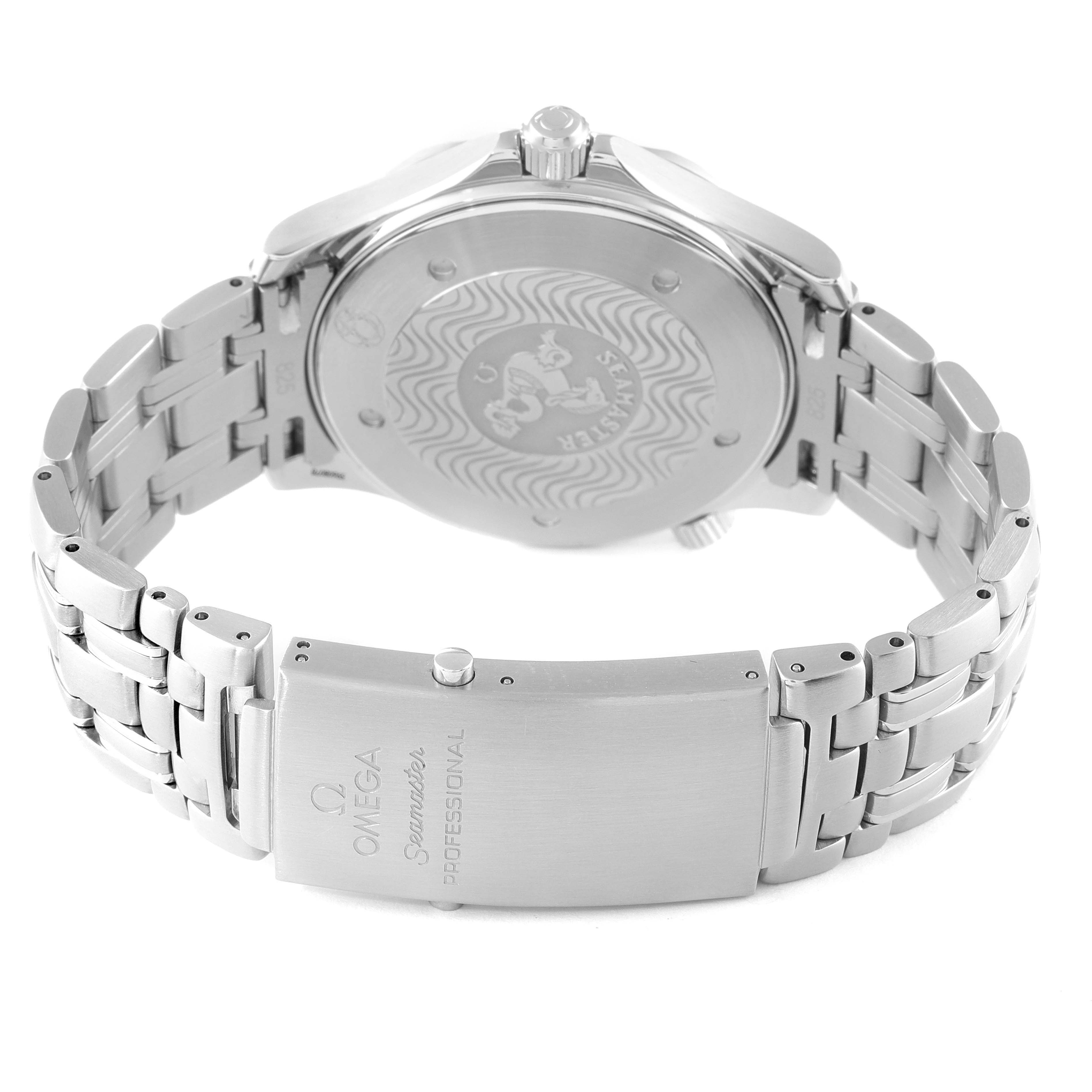 The image shows the back case and bracelet of the Omega Seamaster 41625 Men's Stainless Steel Blue Dial 41625 Men's Stainless Steel Blue Dial watch, with engraving on the clasp and case back.