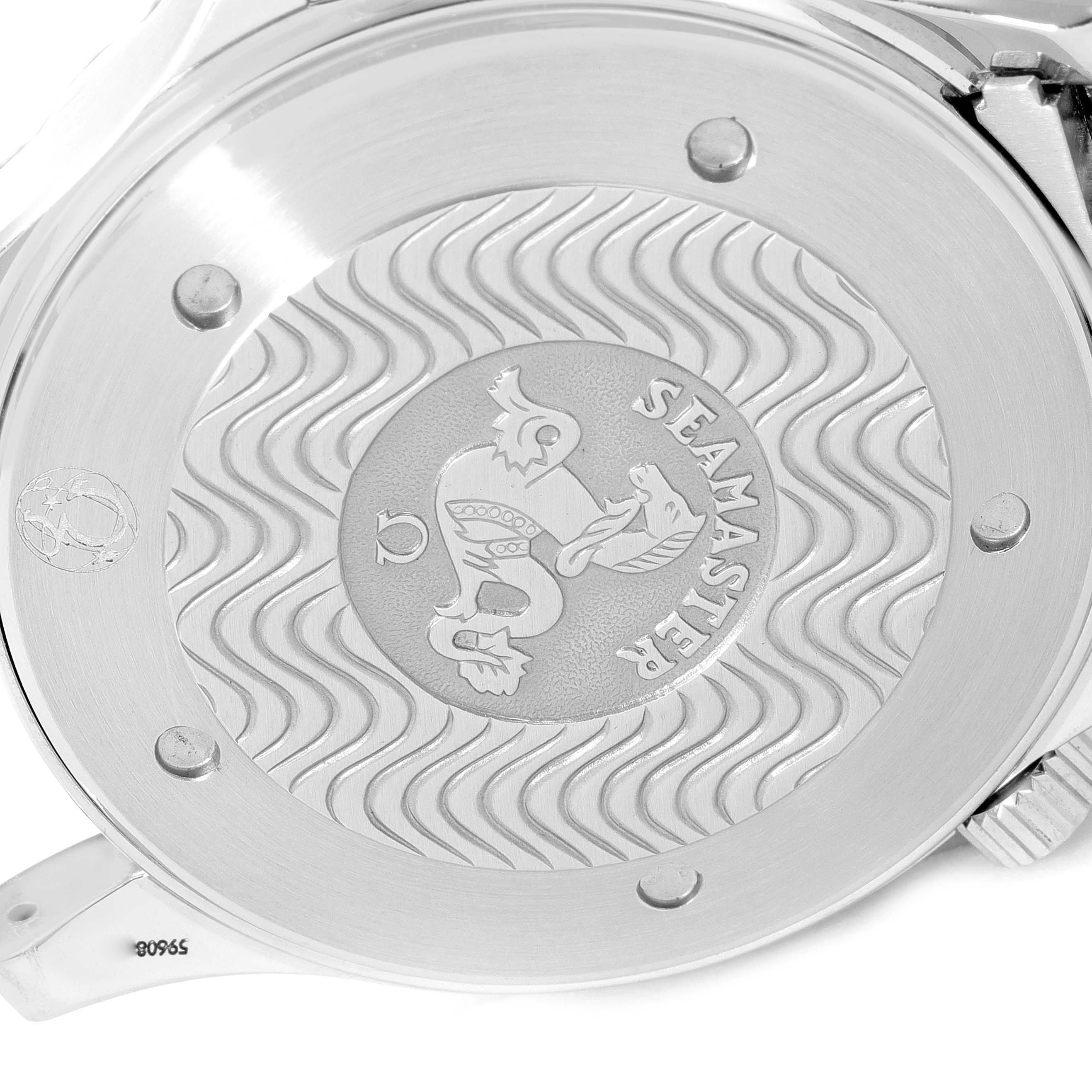 This image shows the case back of an Omega Seamaster 41625 Men's Stainless Steel Blue Dial 41625 Men's Stainless Steel Blue Dial watch with the engraved logo and wave pattern.