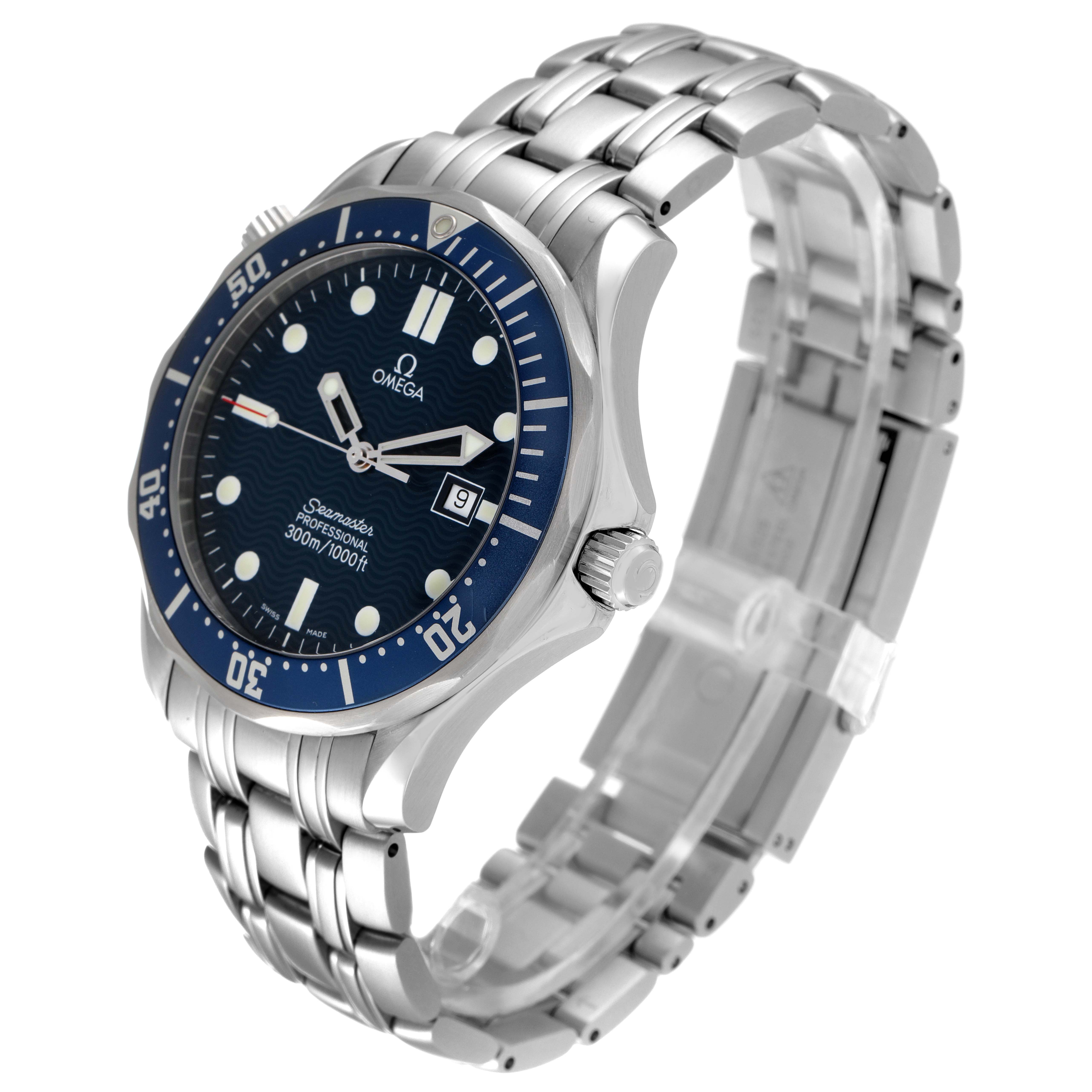 The photo shows an angled view of an Omega Seamaster 41625 Men's Stainless Steel Blue Dial 41625 Men's Stainless Steel Blue Dial watch, highlighting the dial, bezel, crown, and bracelet.