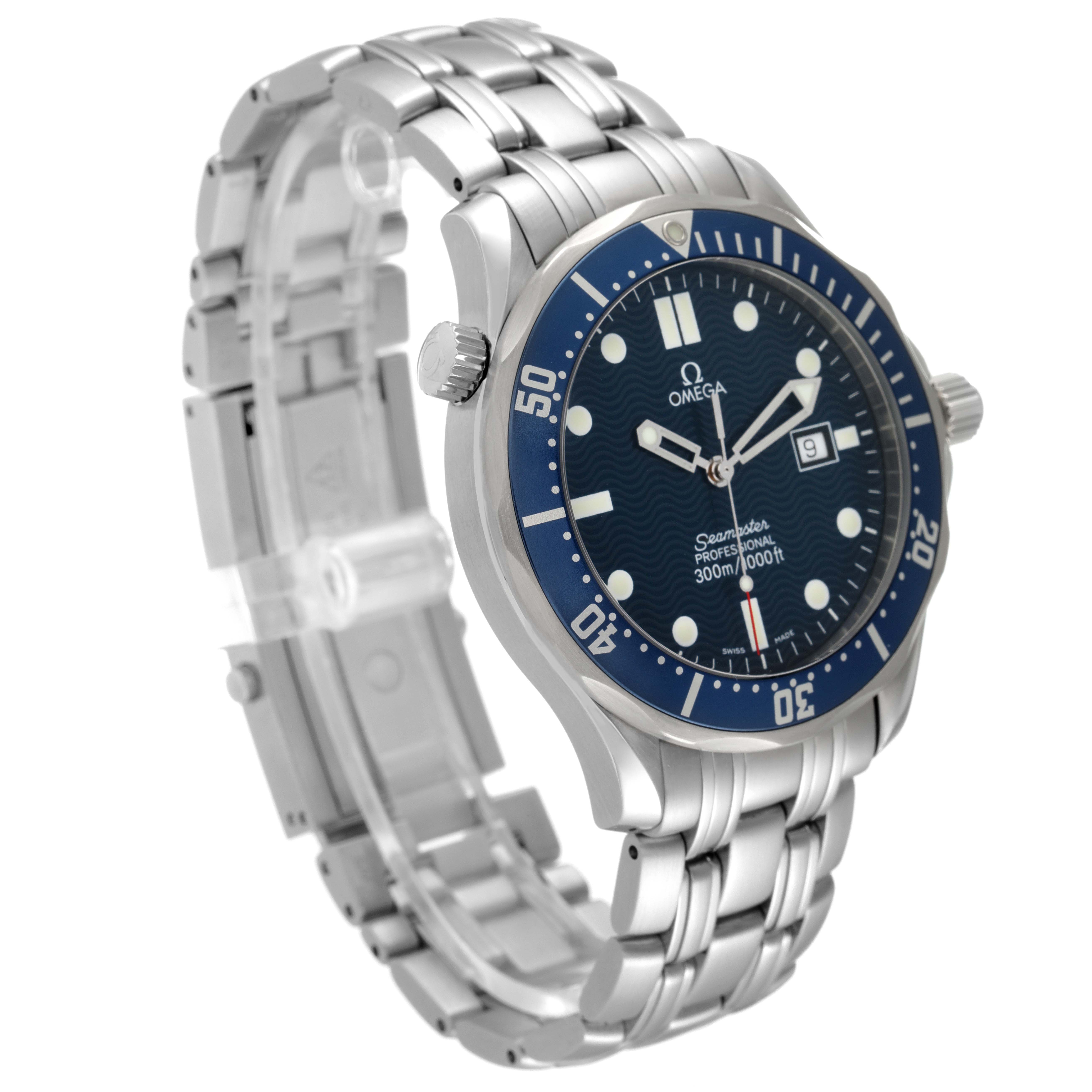 The image shows a side angle of the Omega Seamaster 41625 Men's Stainless Steel Blue Dial 41625 Men's Stainless Steel Blue Dial watch, highlighting the dial, bezel, and stainless steel bracelet.