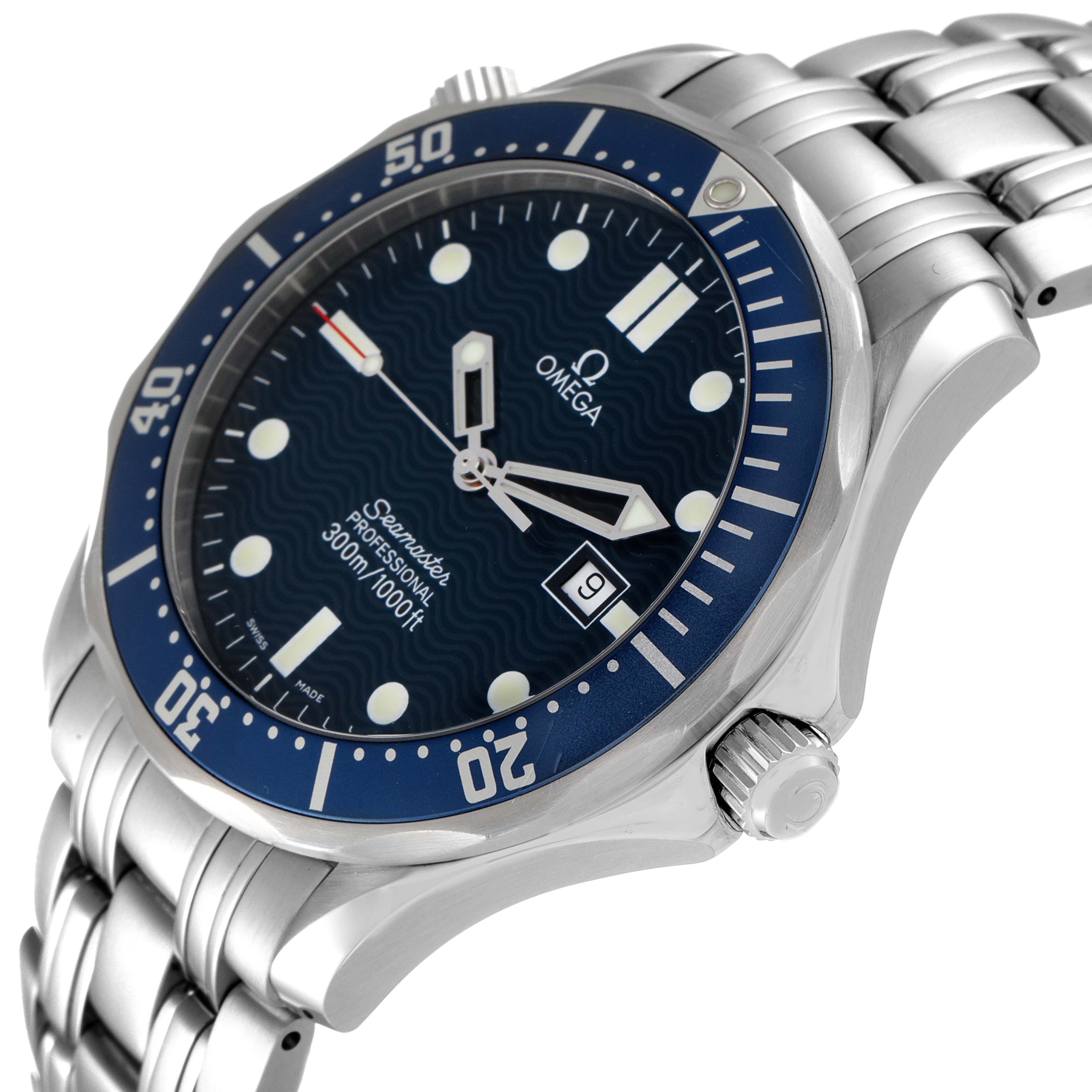 This image shows an angled view of an Omega Seamaster 41625 Men's Stainless Steel Blue Dial 41625 Men's Stainless Steel Blue Dial watch displaying the dial, bezel, crown, and bracelet.