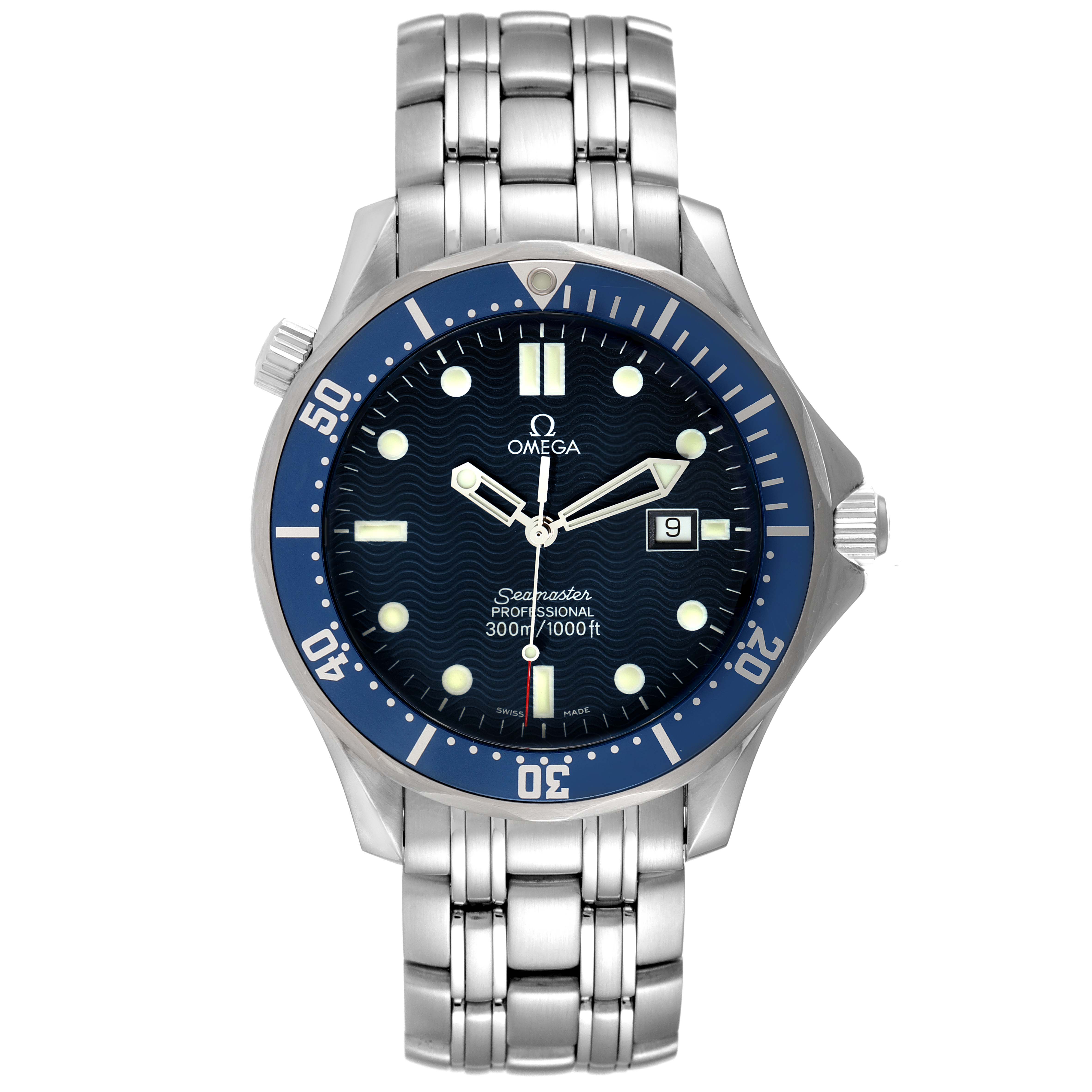 This image shows a front view of the Omega Seamaster 41625 Men's Stainless Steel Blue Dial 41625 Men's Stainless Steel Blue Dial watch, featuring the dial, bezel, hands, date window, and bracelet.