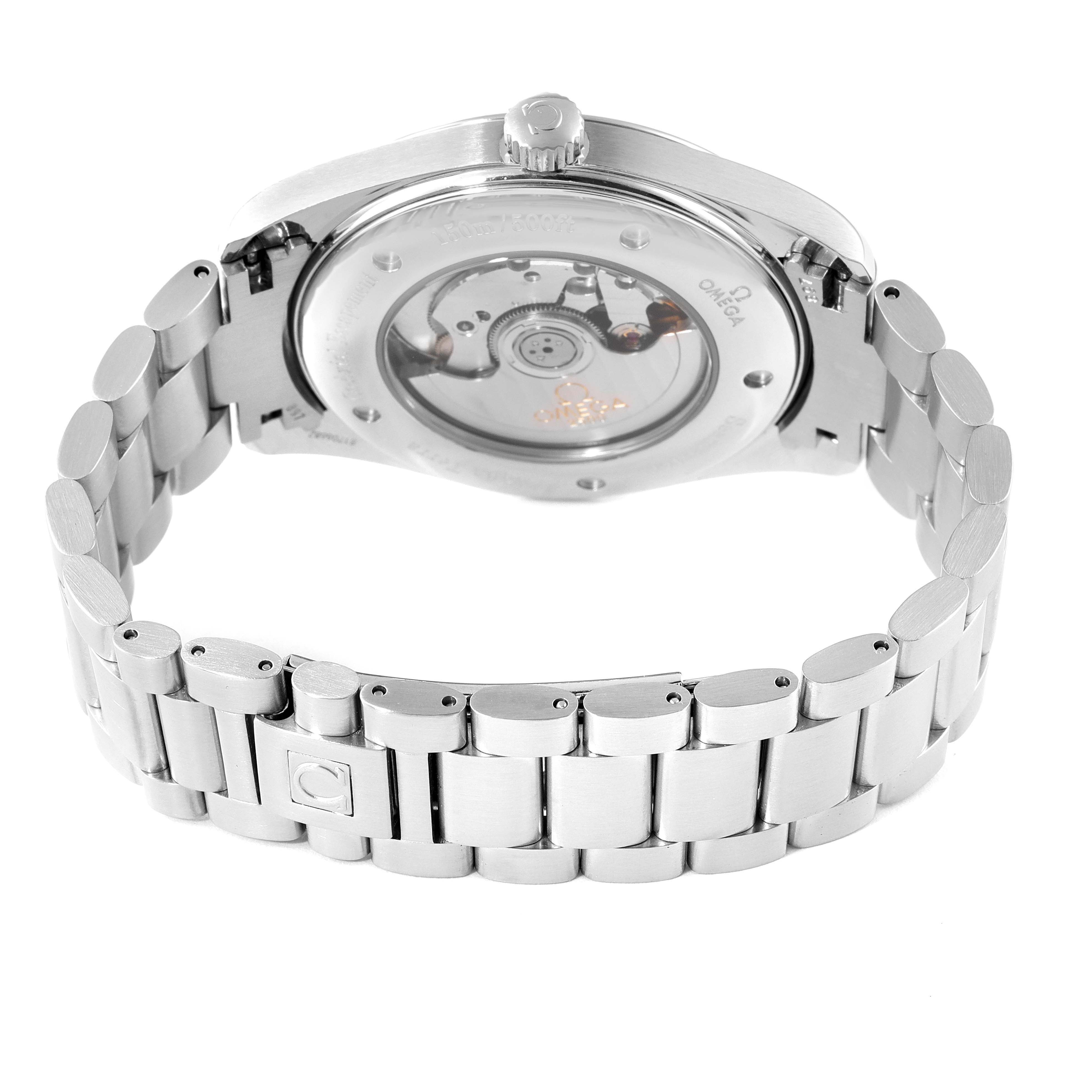 The image shows the back view of the Omega Aqua Terra 2502.33.00 Men
s Stainless Steel Silver Dial 2502.33.00 Men
s Stainless Steel Silver Dial watch, highlighting its bracelet and transparent case back.