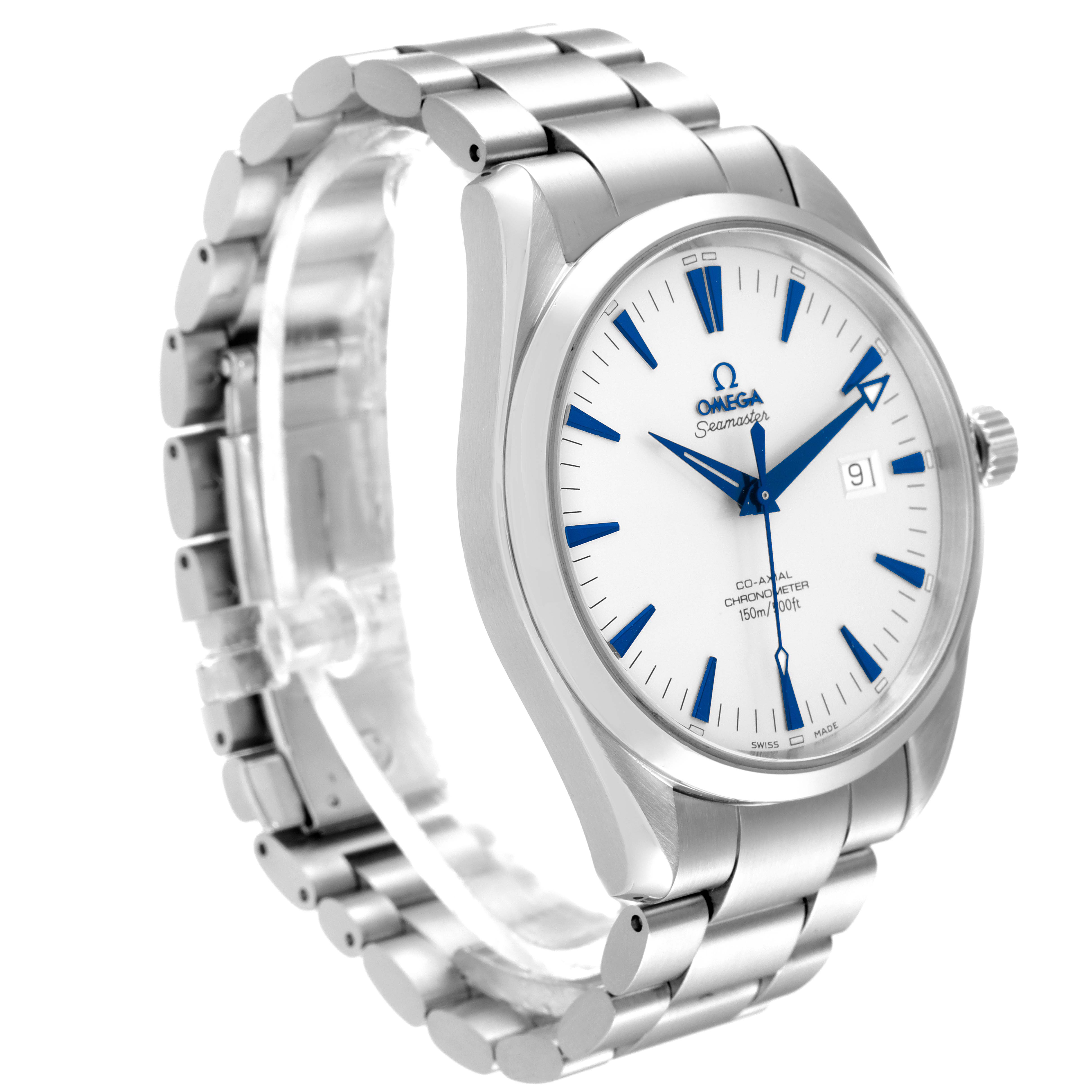 The Omega Aqua Terra 2502.33.00 Men
s Stainless Steel Silver Dial 2502.33.00 Men
s Stainless Steel Silver Dial watch is shown at an angled side view, highlighting its bracelet, dial, markers, and crown.