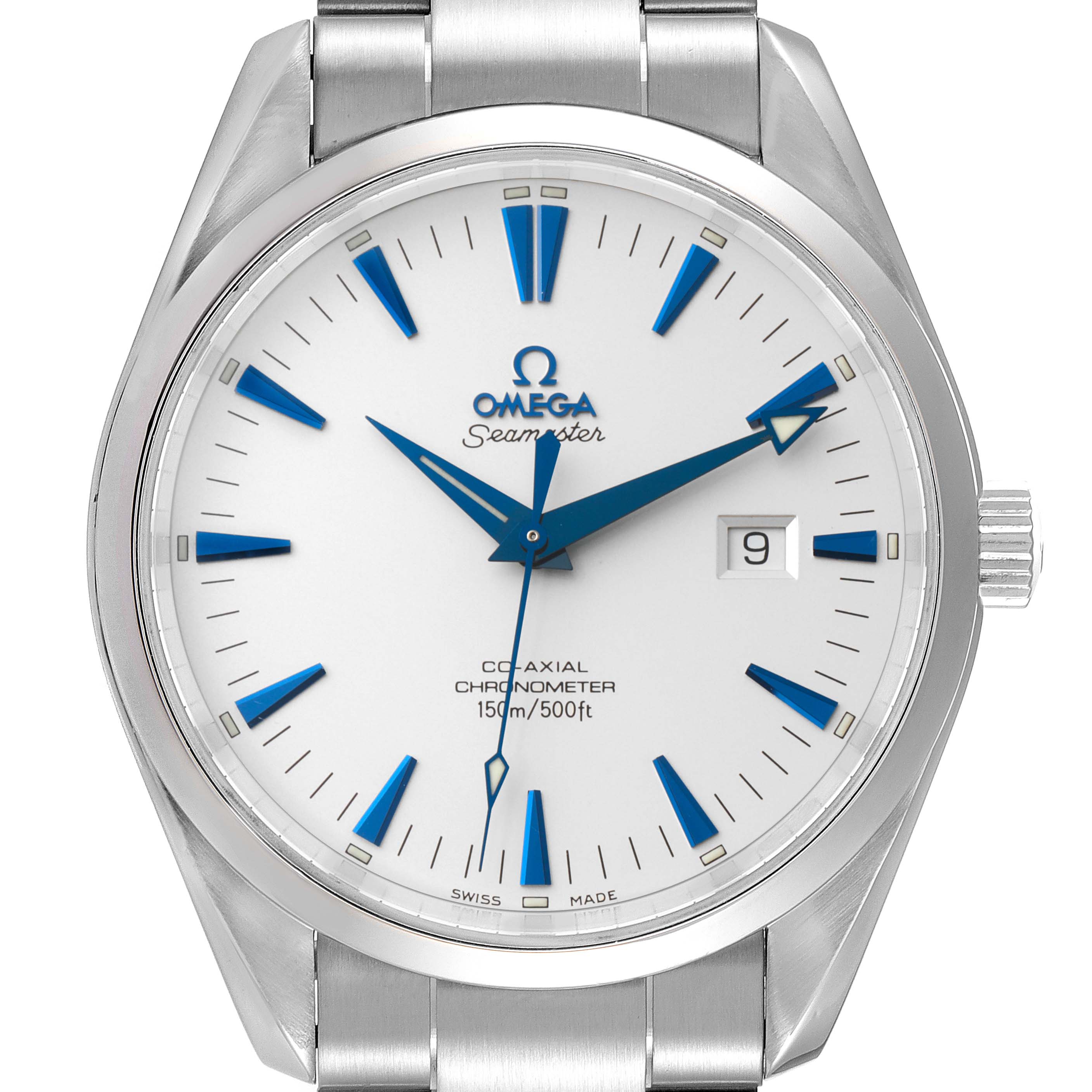 The image shows a front view of the Omega Aqua Terra 2502.33.00 Men
s Stainless Steel Silver Dial 2502.33.00 Men
s Stainless Steel Silver Dial watch, highlighting the dial, hands, markers, and part of the bracelet.