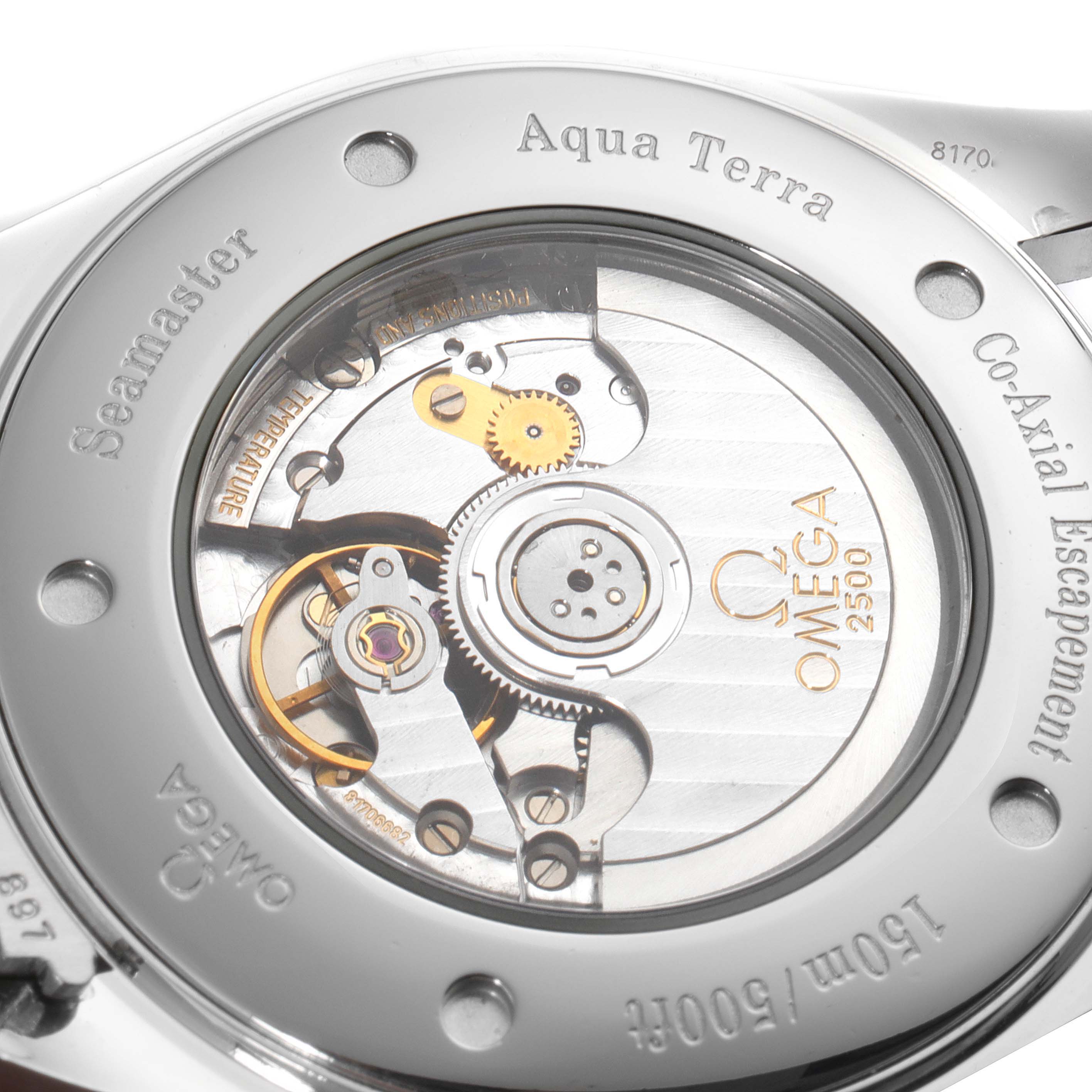 This image shows the back of the Omega Aqua Terra 2502.33.00 Men
s Stainless Steel Silver Dial 2502.33.00 Men
s Stainless Steel Silver Dial watch, highlighting the exposed mechanical movement.