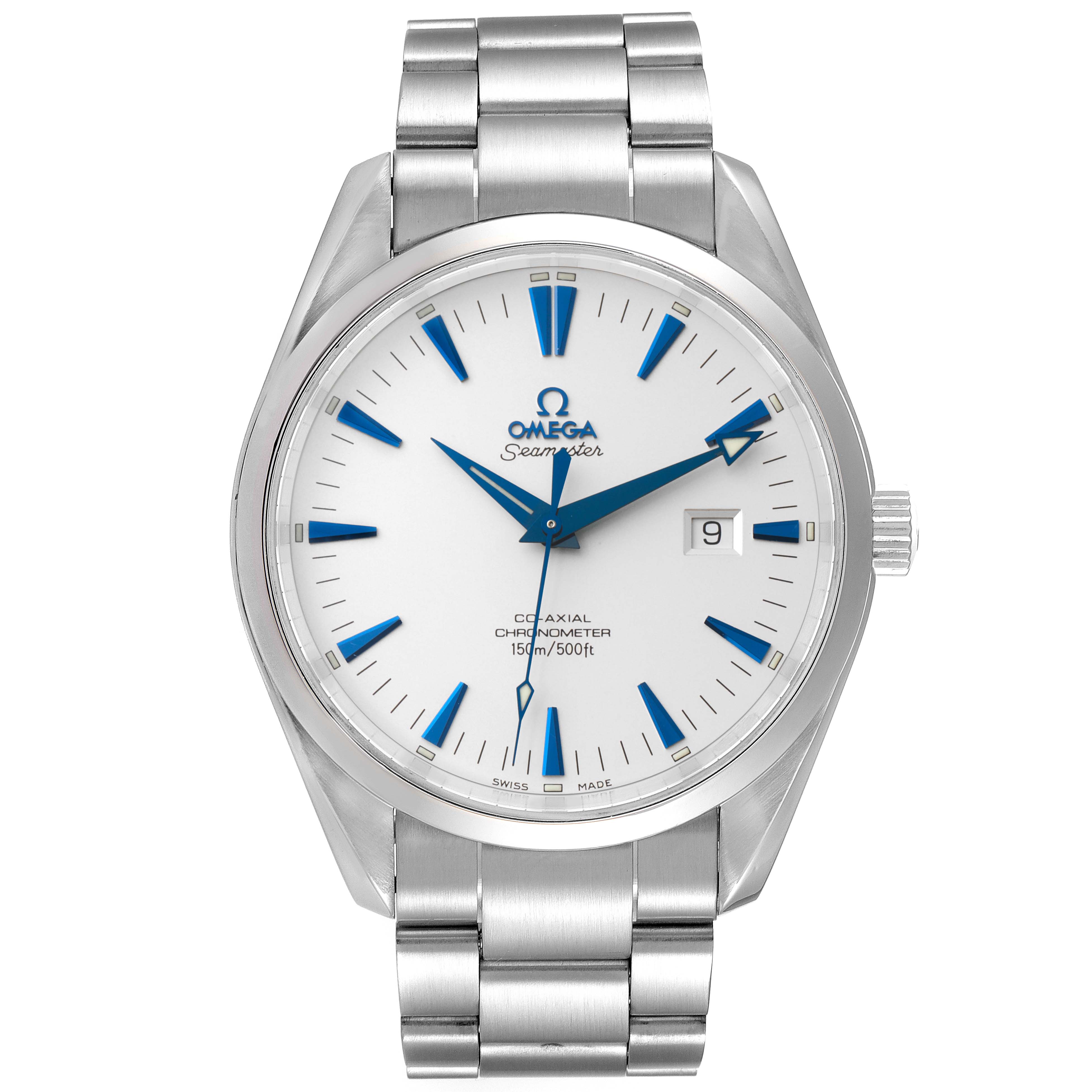 The image shows a front view of the Omega Aqua Terra 2502.33.00 Men
s Stainless Steel Silver Dial 2502.33.00 Men
s Stainless Steel Silver Dial watch, highlighting its dial, hands, date window, and stainless steel strap.