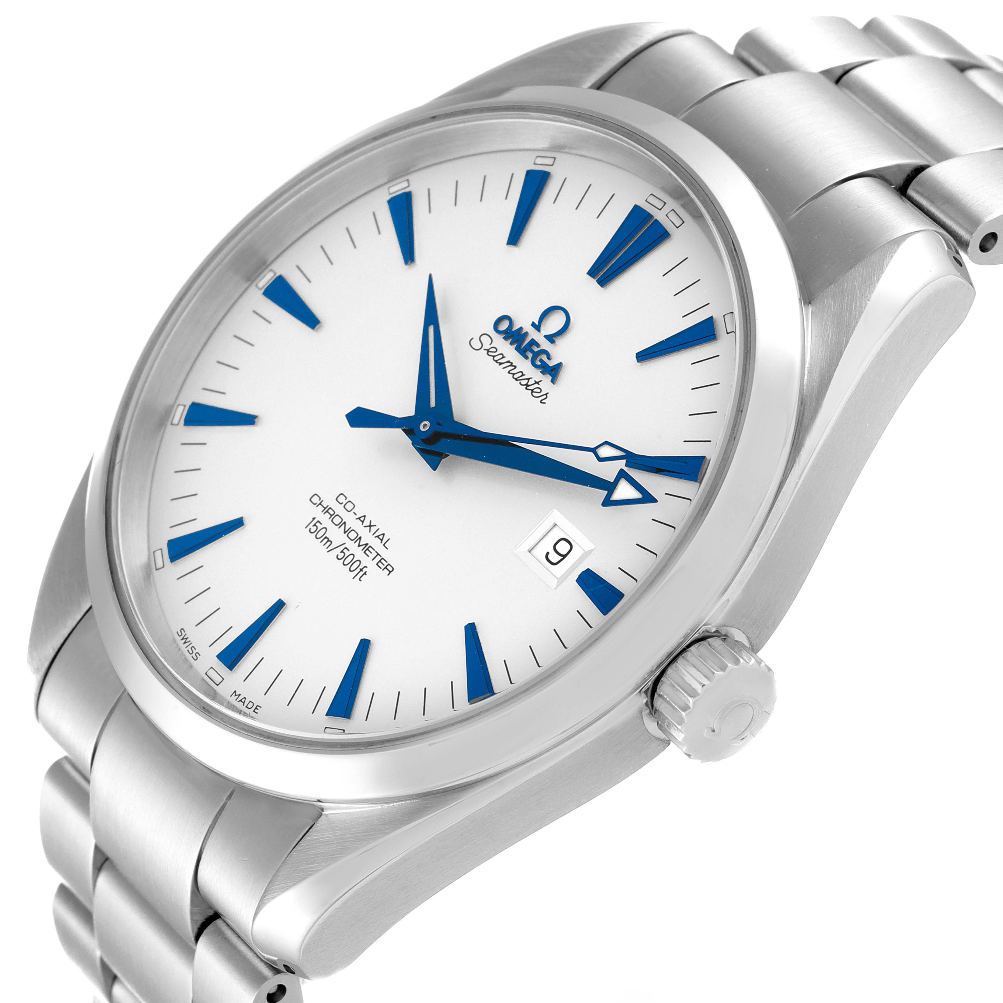 The image shows an angled view of an Omega Aqua Terra 2502.33.00 Men
s Stainless Steel Silver Dial 2502.33.00 Men
s Stainless Steel Silver Dial watch, highlighting the dial, crown, and stainless steel bracelet.