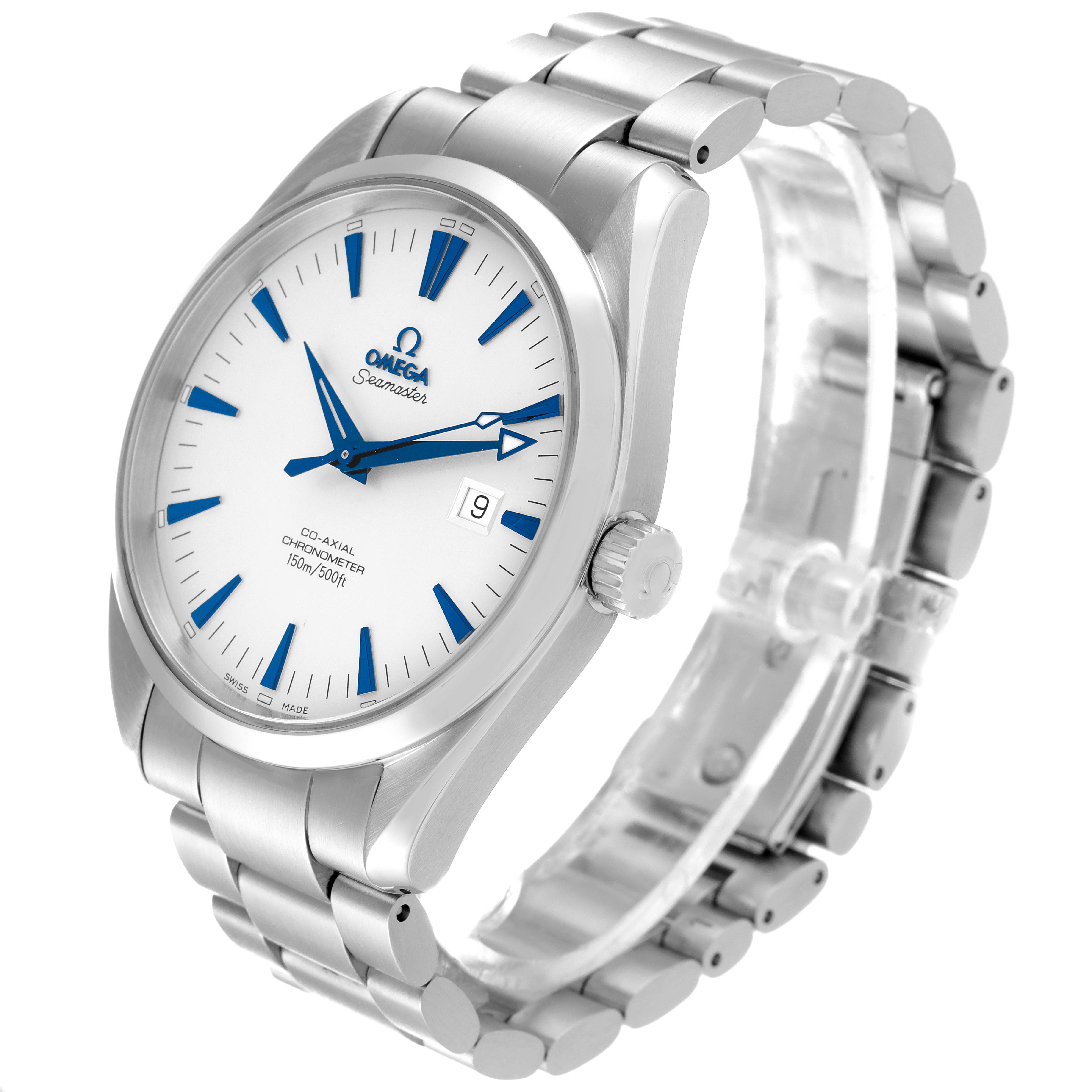 The Omega Aqua Terra 2502.33.00 Men
s Stainless Steel Silver Dial 2502.33.00 Men
s Stainless Steel Silver Dial watch is shown at a three-quarter angle, displaying the face, crown, and bracelet.