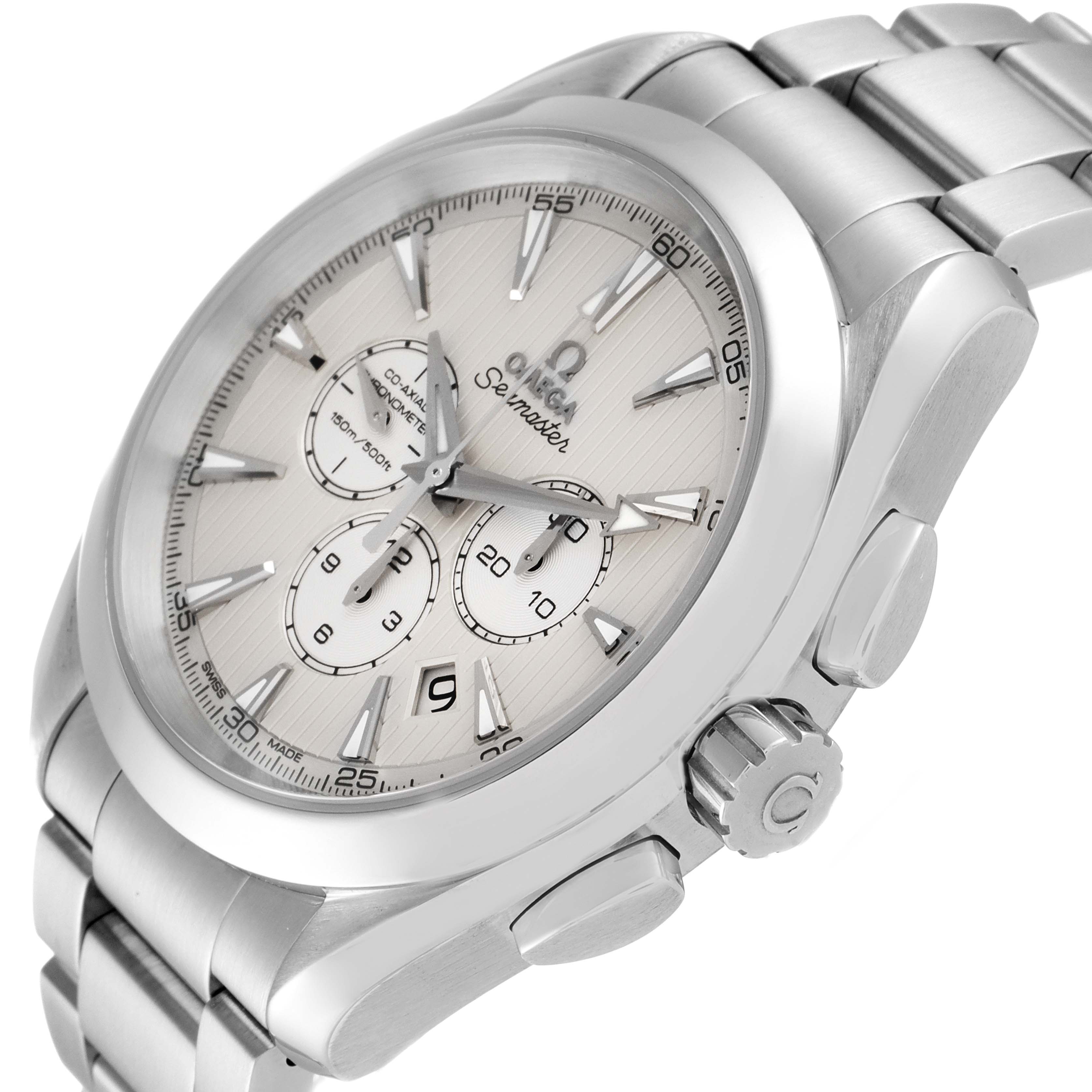 The Omega Aqua Terra 231.10.44.50.09.001 Men
s Stainless Steel White Dial 231.10.44.50.09.001 Men
s Stainless Steel White Dial watch is shown at an oblique angle, highlighting its dial, crown, and part of the metal bracelet.