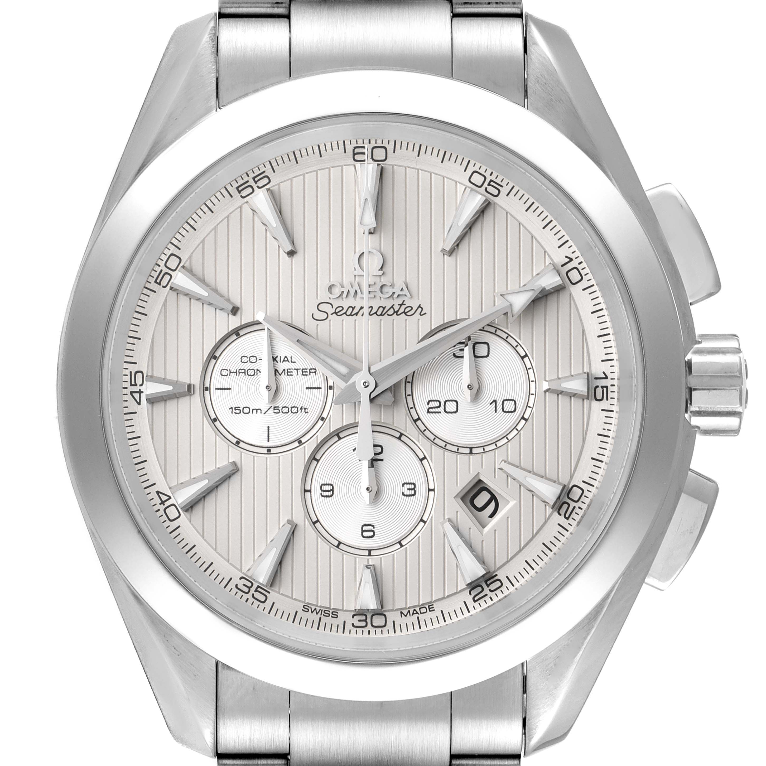 The image shows a front view of an Omega Aqua Terra 231.10.44.50.09.001 Men
s Stainless Steel White Dial 231.10.44.50.09.001 Men
s Stainless Steel White Dial Seamaster watch, displaying the face, bezel, crown, and part of the bracelet.