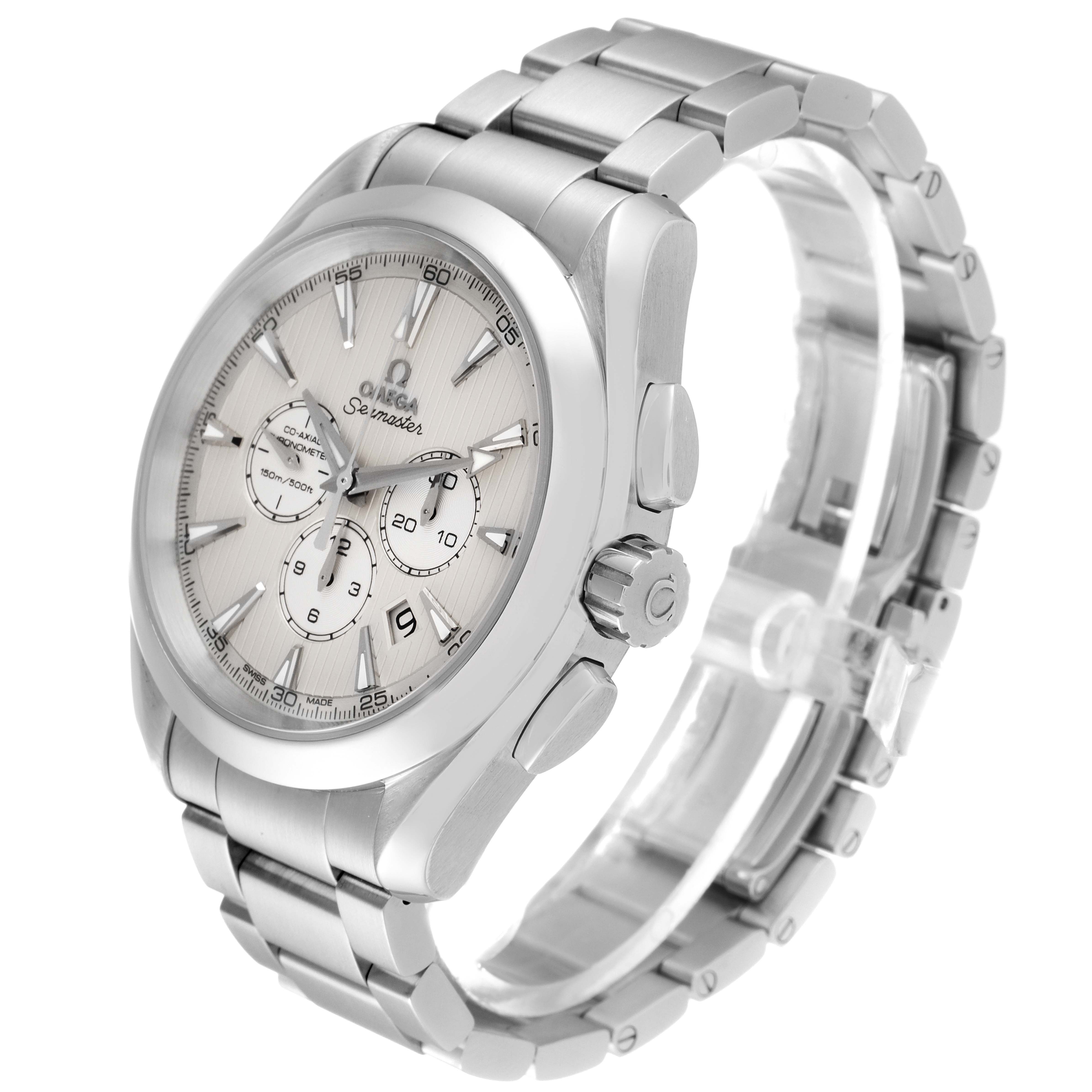 The Aqua Terra by Omega is shown at a three-quarter angle, highlighting its face, bezel, bracelet, crown, and pushers.