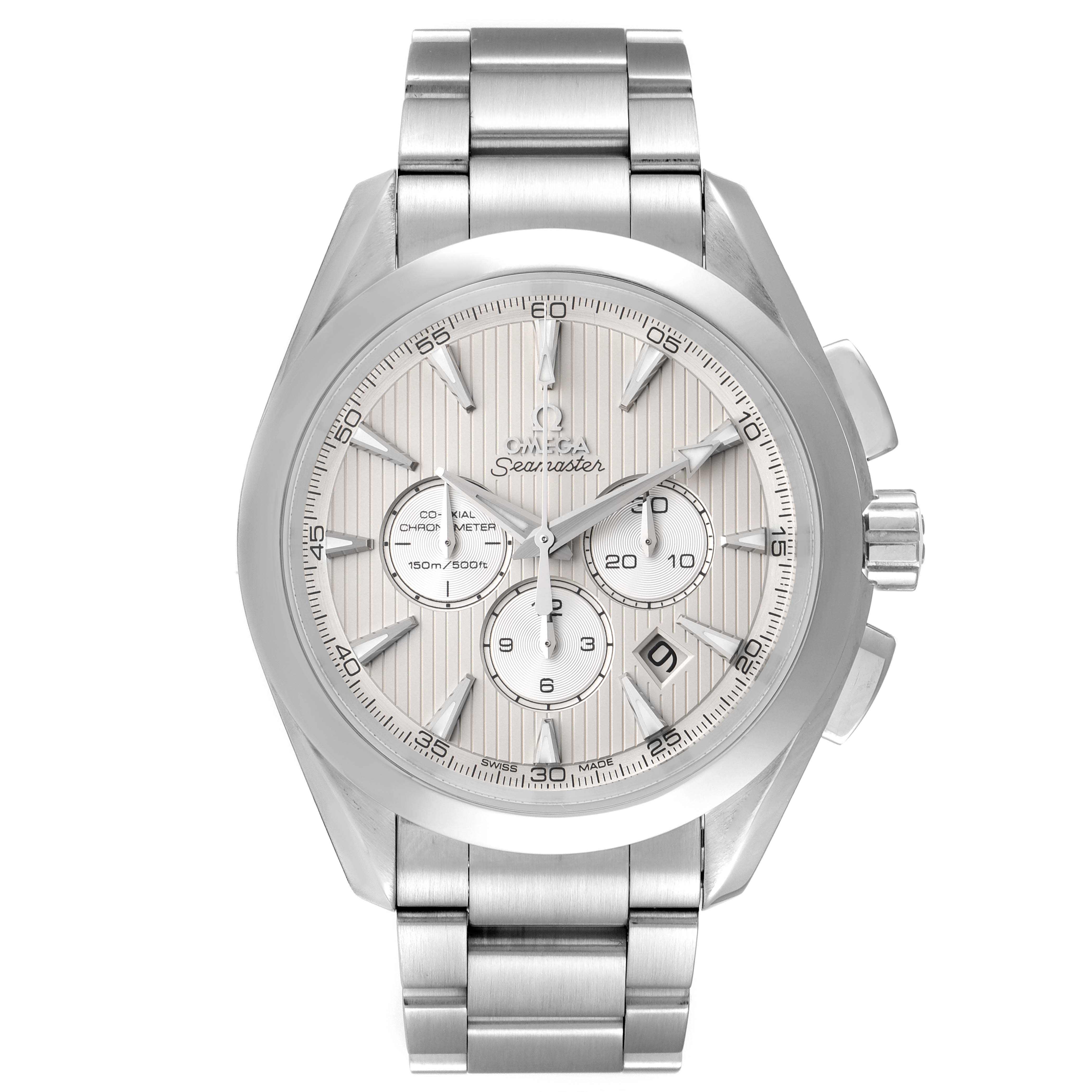 This is a front view of the Omega Aqua Terra 231.10.44.50.09.001 Men
s Stainless Steel White Dial 231.10.44.50.09.001 Men
s Stainless Steel White Dial watch, showcasing its dial, hands, sub-dials, and stainless steel bracelet.
