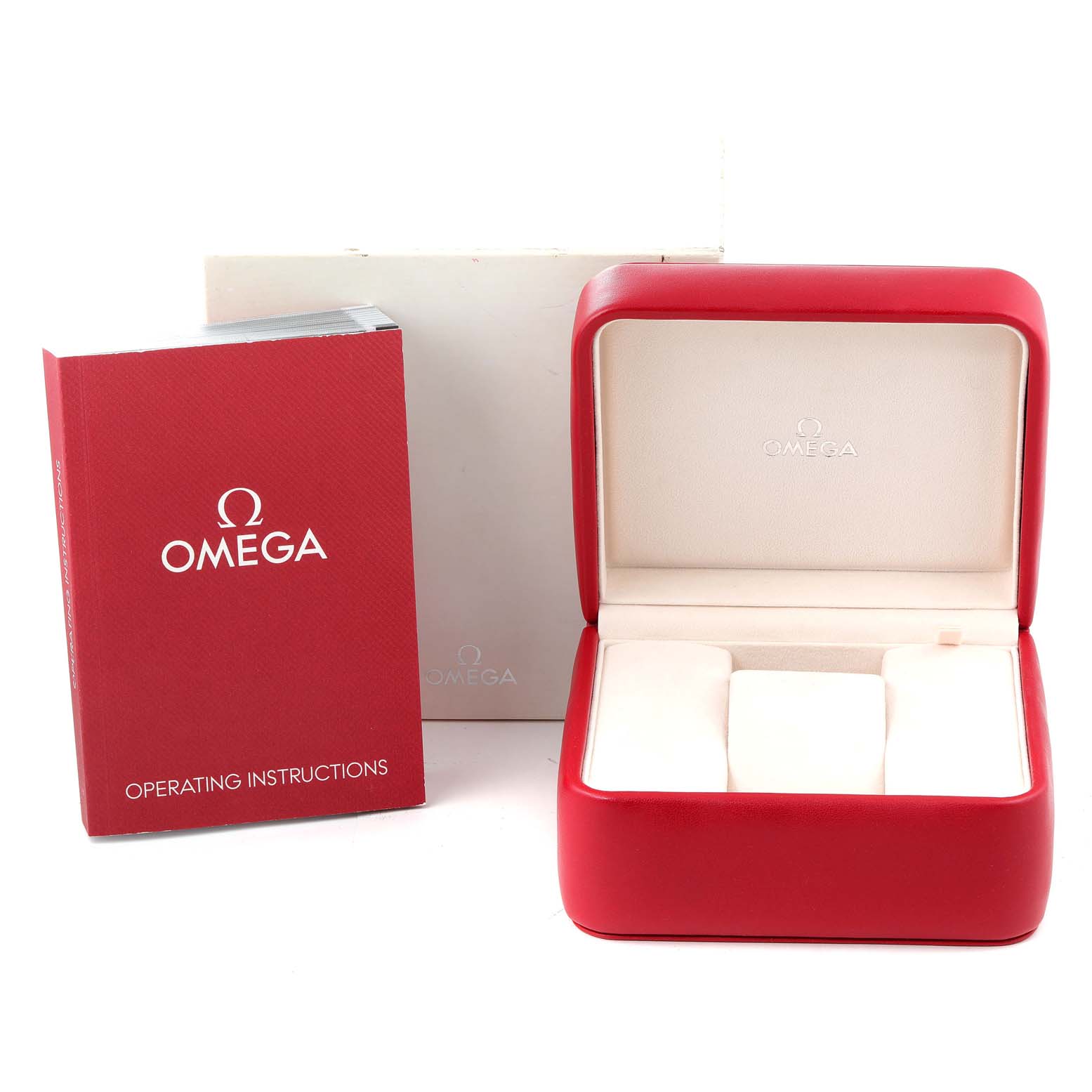 The image shows an open Omega Aqua Terra 231.10.44.50.09.001 Men
s Stainless Steel White Dial 231.10.44.50.09.001 Men
s Stainless Steel White Dial watch box and its operating instructions book, viewed from the front.