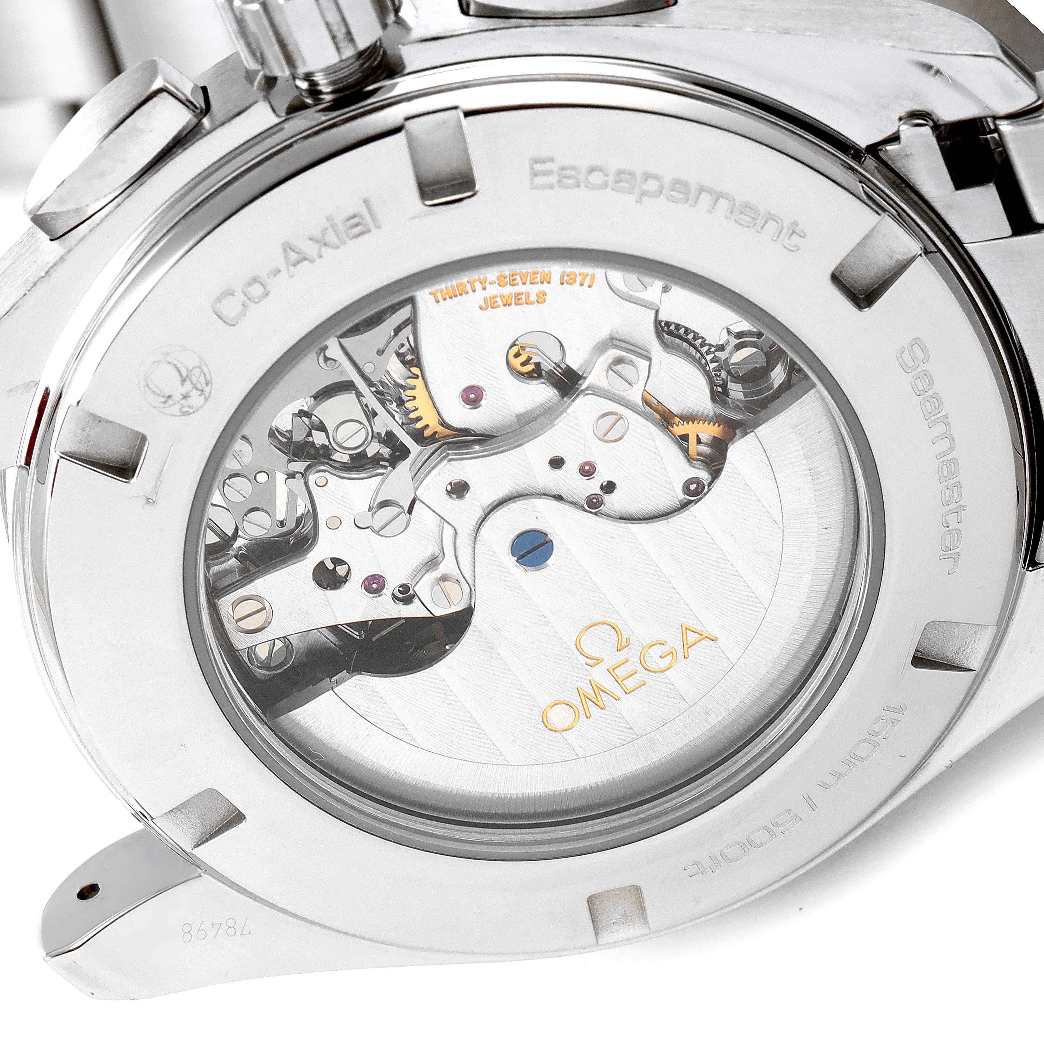 The image shows the back view of the Omega Aqua Terra 231.10.44.50.09.001 Men
s Stainless Steel White Dial 231.10.44.50.09.001 Men
s Stainless Steel White Dial watch, highlighting its Co-Axial movement and inner mechanics.