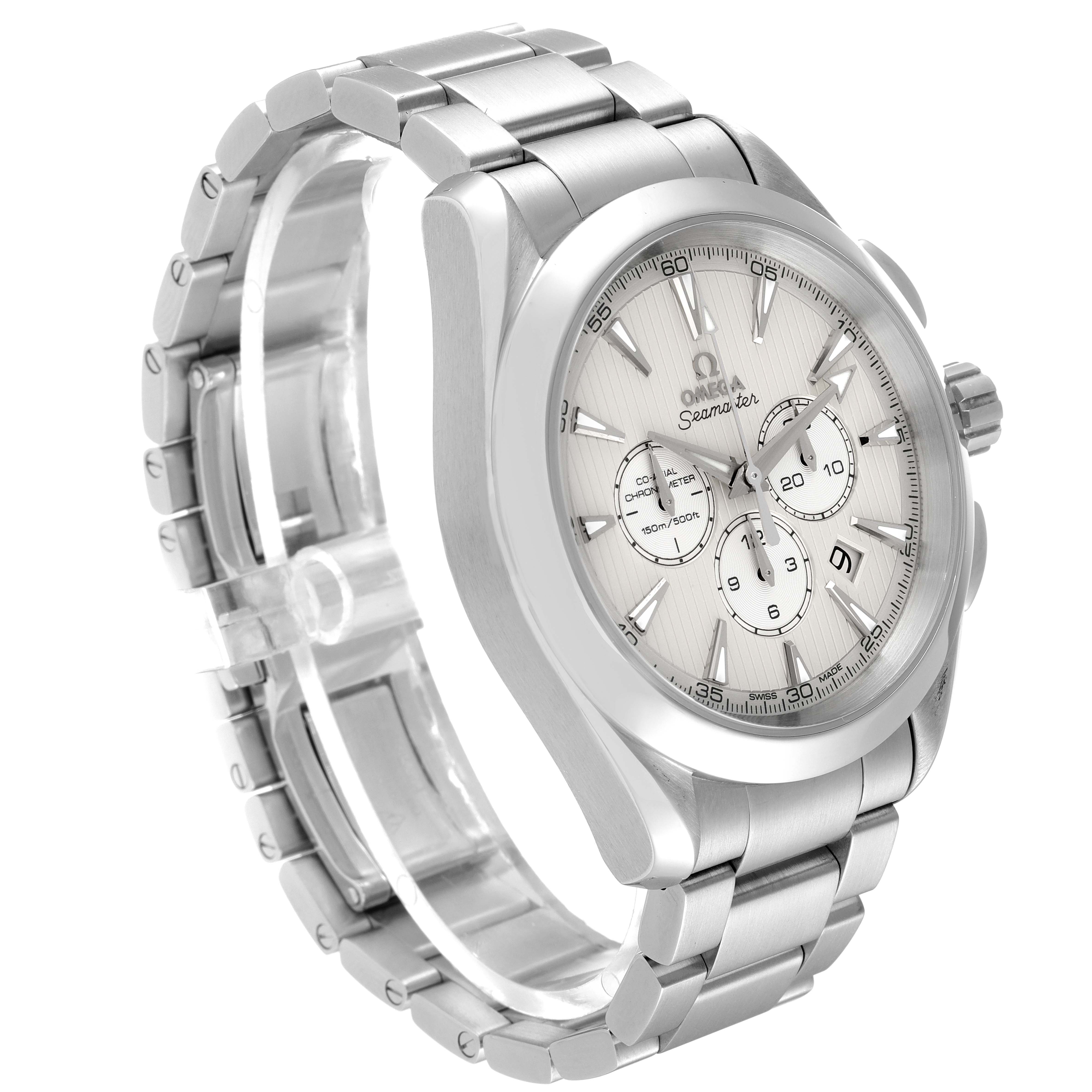 The Omega Aqua Terra 231.10.44.50.09.001 Men
s Stainless Steel White Dial 231.10.44.50.09.001 Men
s Stainless Steel White Dial watch is shown from a front angle, highlighting the face, bezel, and metal bracelet.