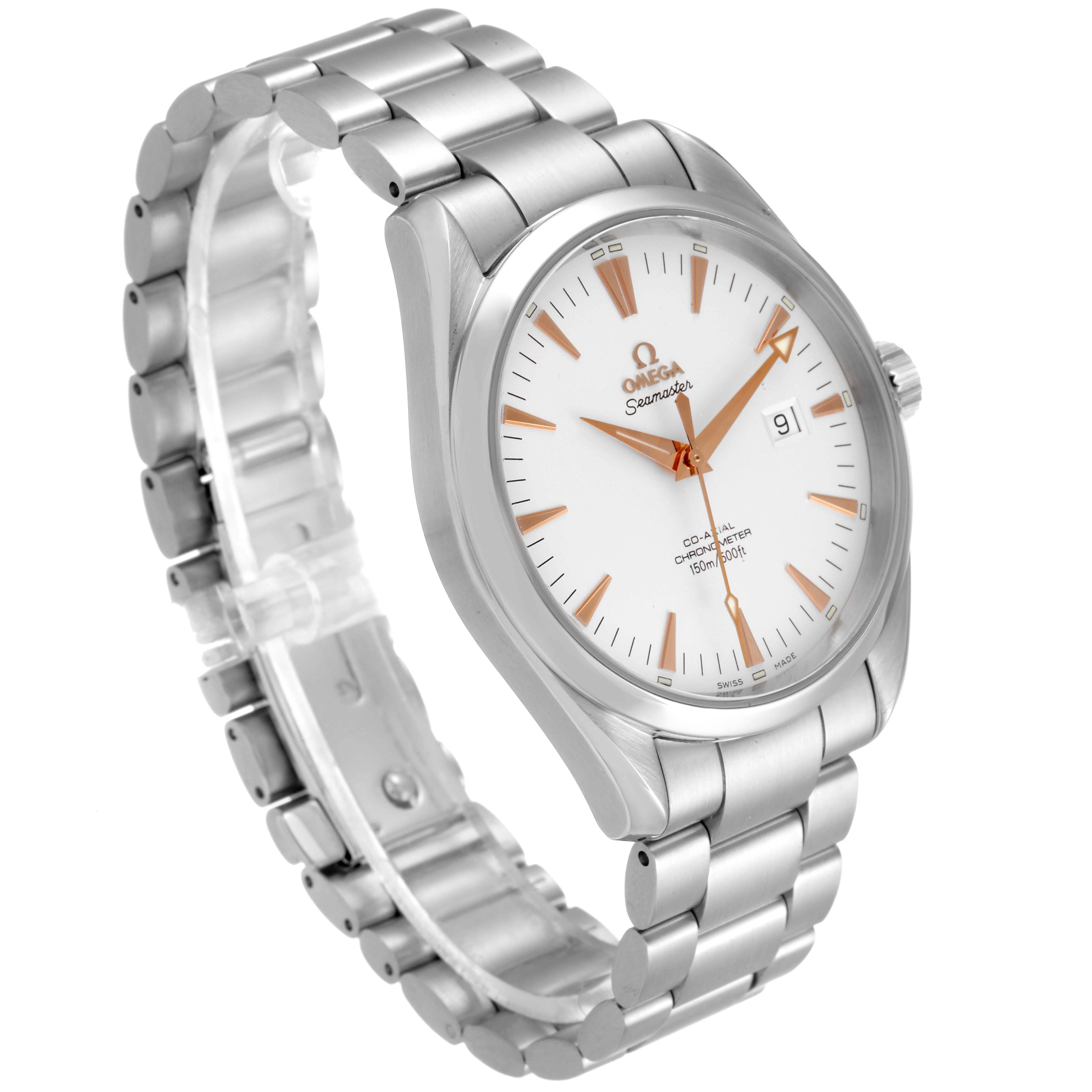 The Omega Aqua Terra 2502.34.00 Men's Stainless Steel Silver Dial 2502.34.00 Men's Stainless Steel Silver Dial watch is shown at a left-side angle, displaying the face, bracelet, and crown.