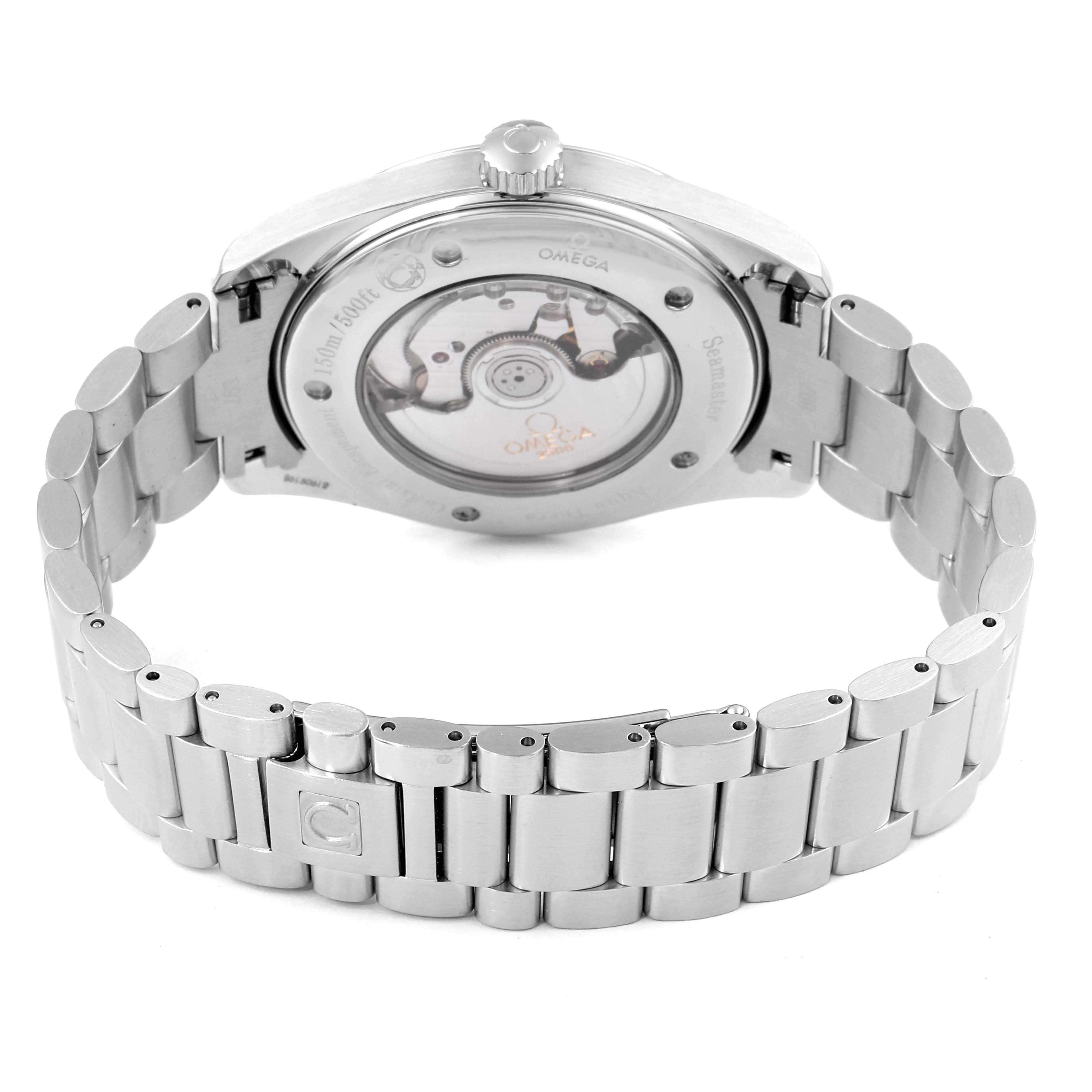 This image shows the back view of the Omega Aqua Terra 2502.34.00 Men's Stainless Steel Silver Dial 2502.34.00 Men's Stainless Steel Silver Dial watch, highlighting the case back and part of the metal bracelet.