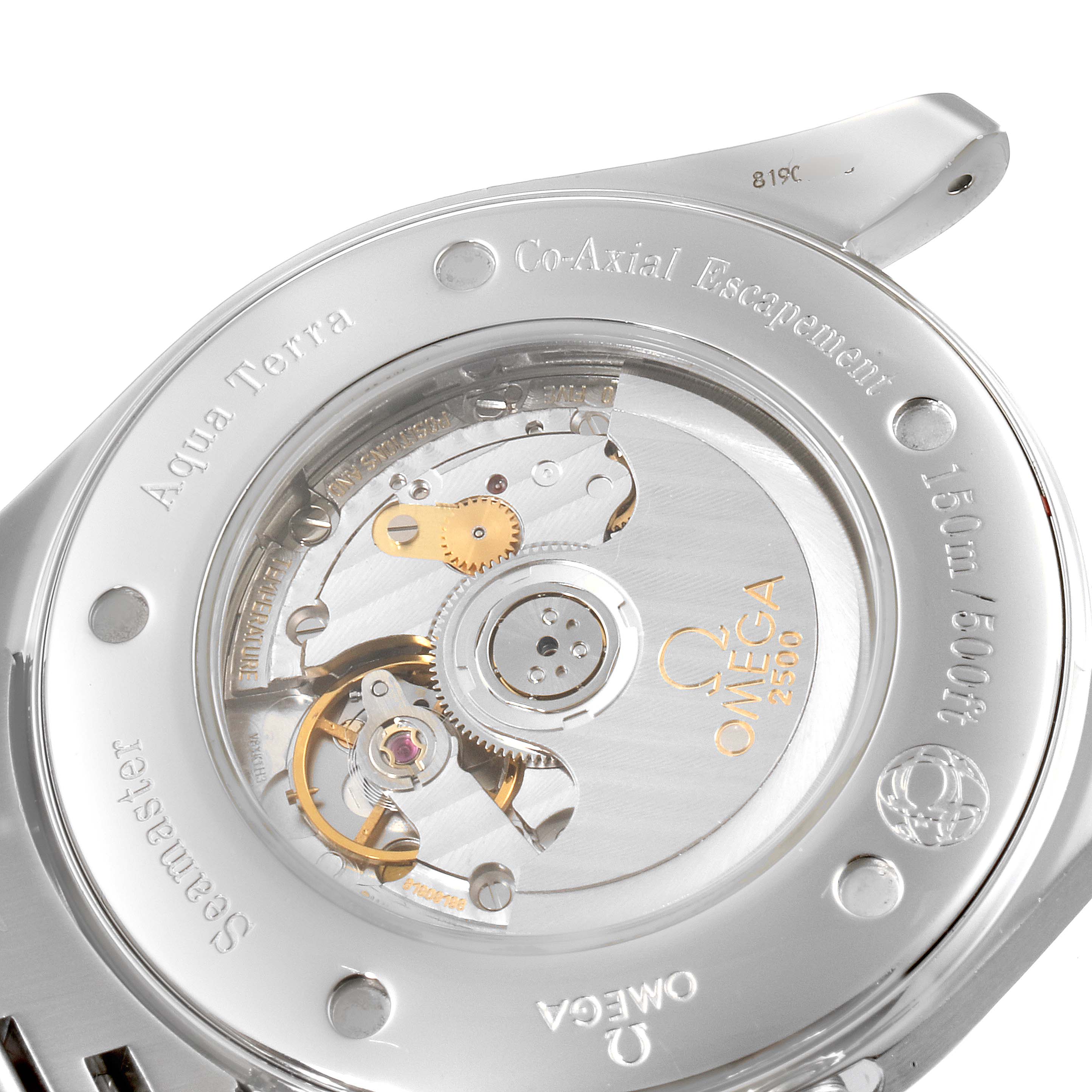 The image shows the back view of the Omega Aqua Terra 2502.34.00 Men's Stainless Steel Silver Dial 2502.34.00 Men's Stainless Steel Silver Dial watch, highlighting its mechanical movement.