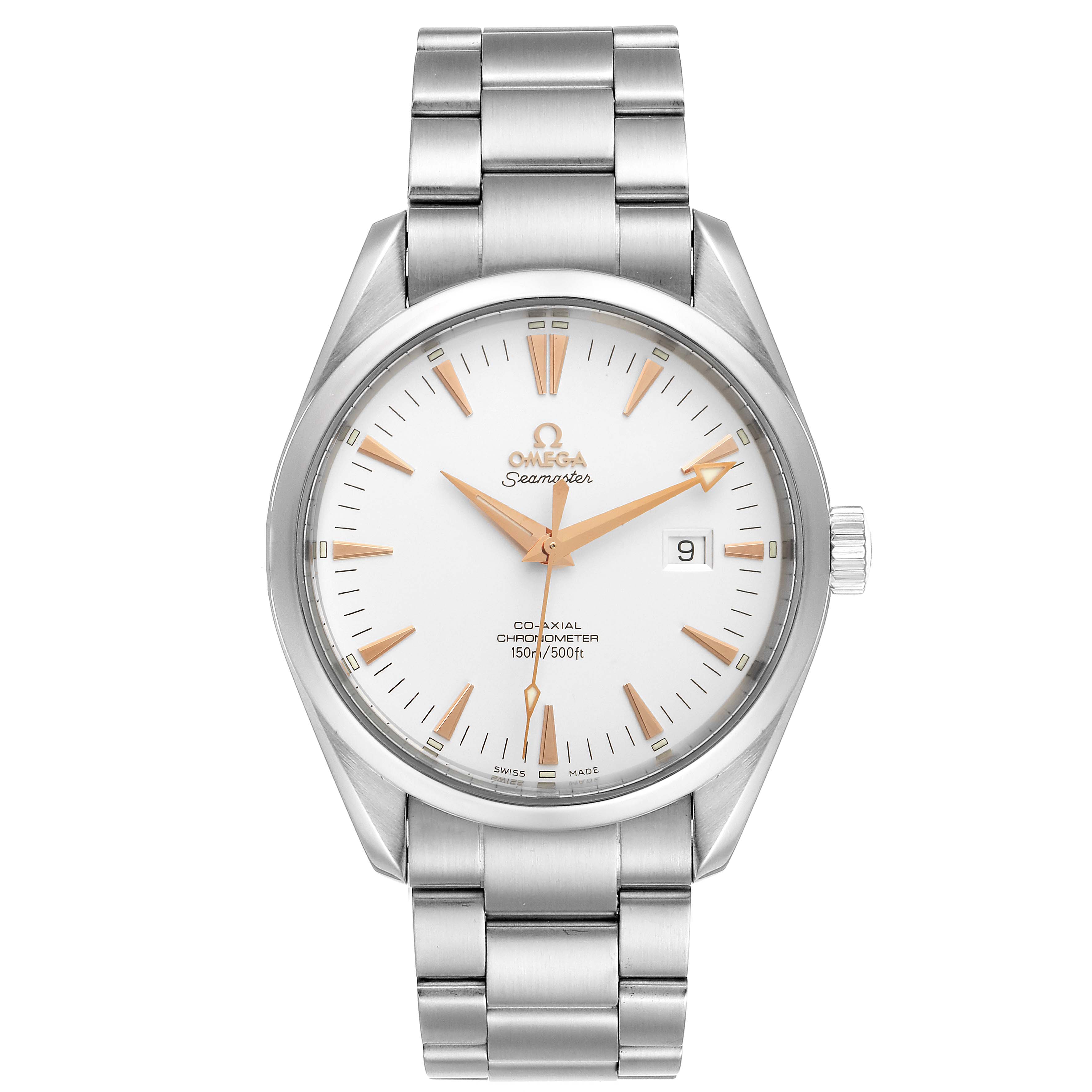 This image shows a front view of the Omega Aqua Terra 2502.34.00 Men's Stainless Steel Silver Dial 2502.34.00 Men's Stainless Steel Silver Dial watch, featuring its dial, hour markers, hands, date window, and stainless steel bracelet.