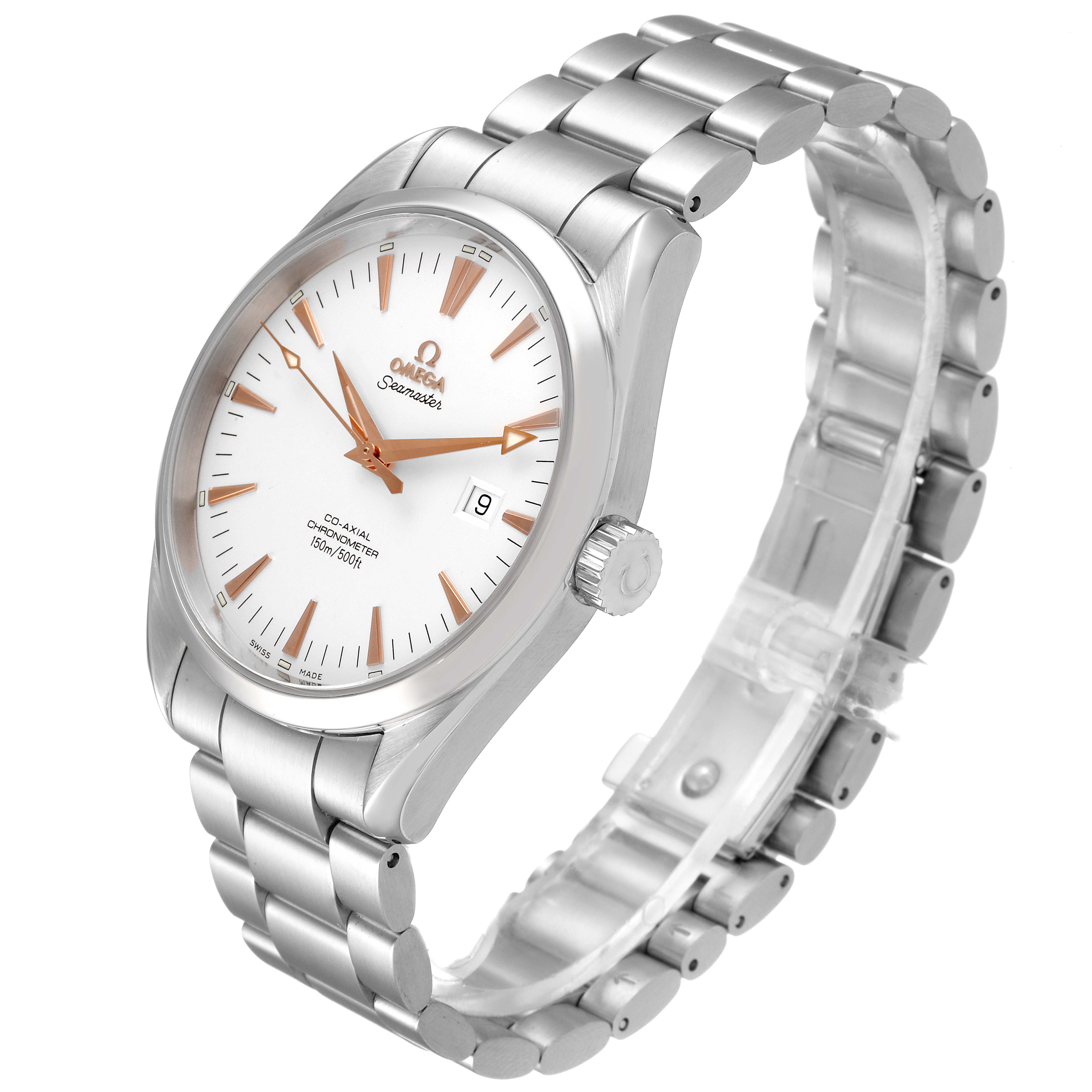 The Omega Aqua Terra 2502.34.00 Men's Stainless Steel Silver Dial 2502.34.00 Men's Stainless Steel Silver Dial watch is shown at a three-quarter angle, showcasing the face, crown, and metallic bracelet.