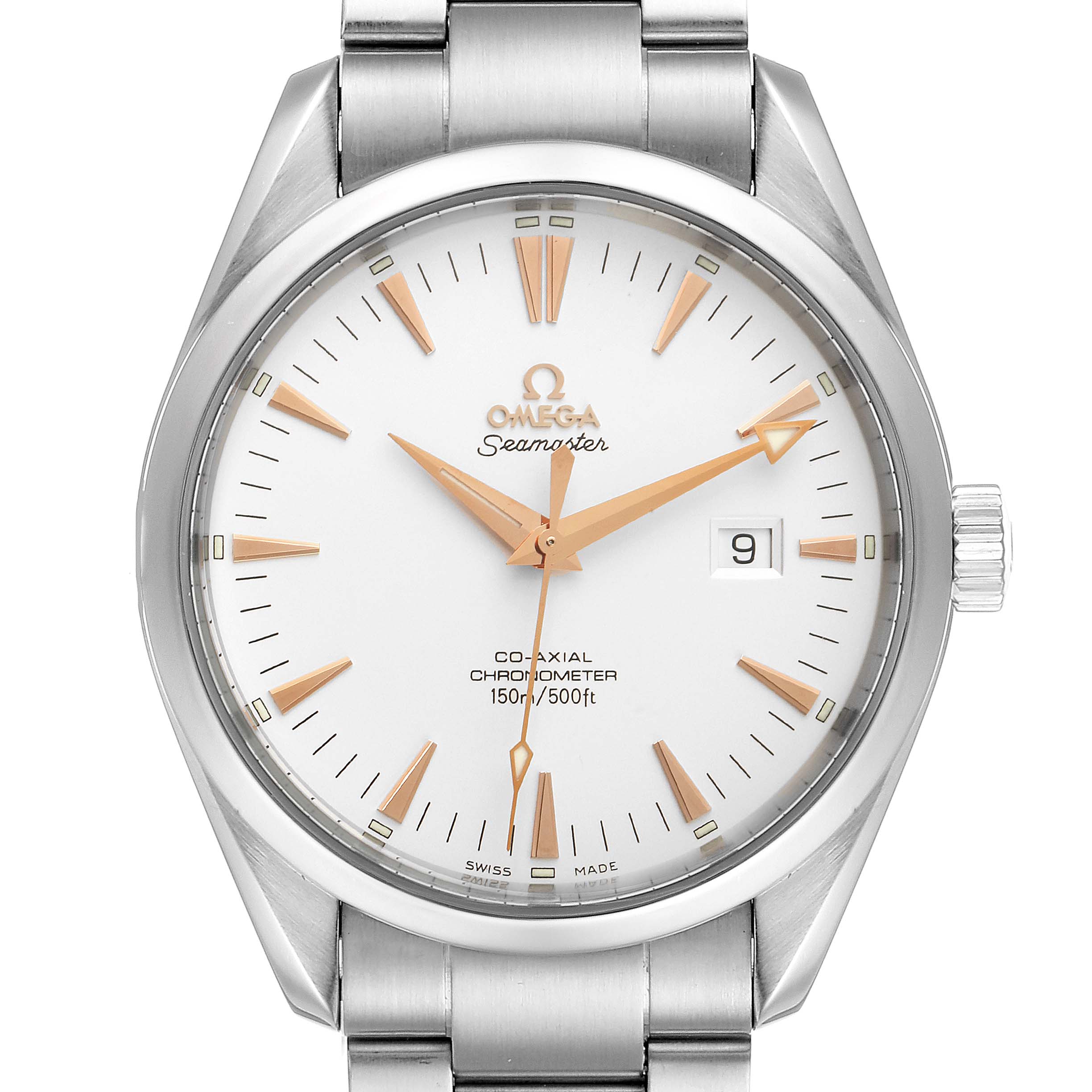 The image shows the front view of an Omega Aqua Terra 2502.34.00 Men's Stainless Steel Silver Dial 2502.34.00 Men's Stainless Steel Silver Dial Seamaster watch, displaying the face, hands, date window, and part of the bracelet.