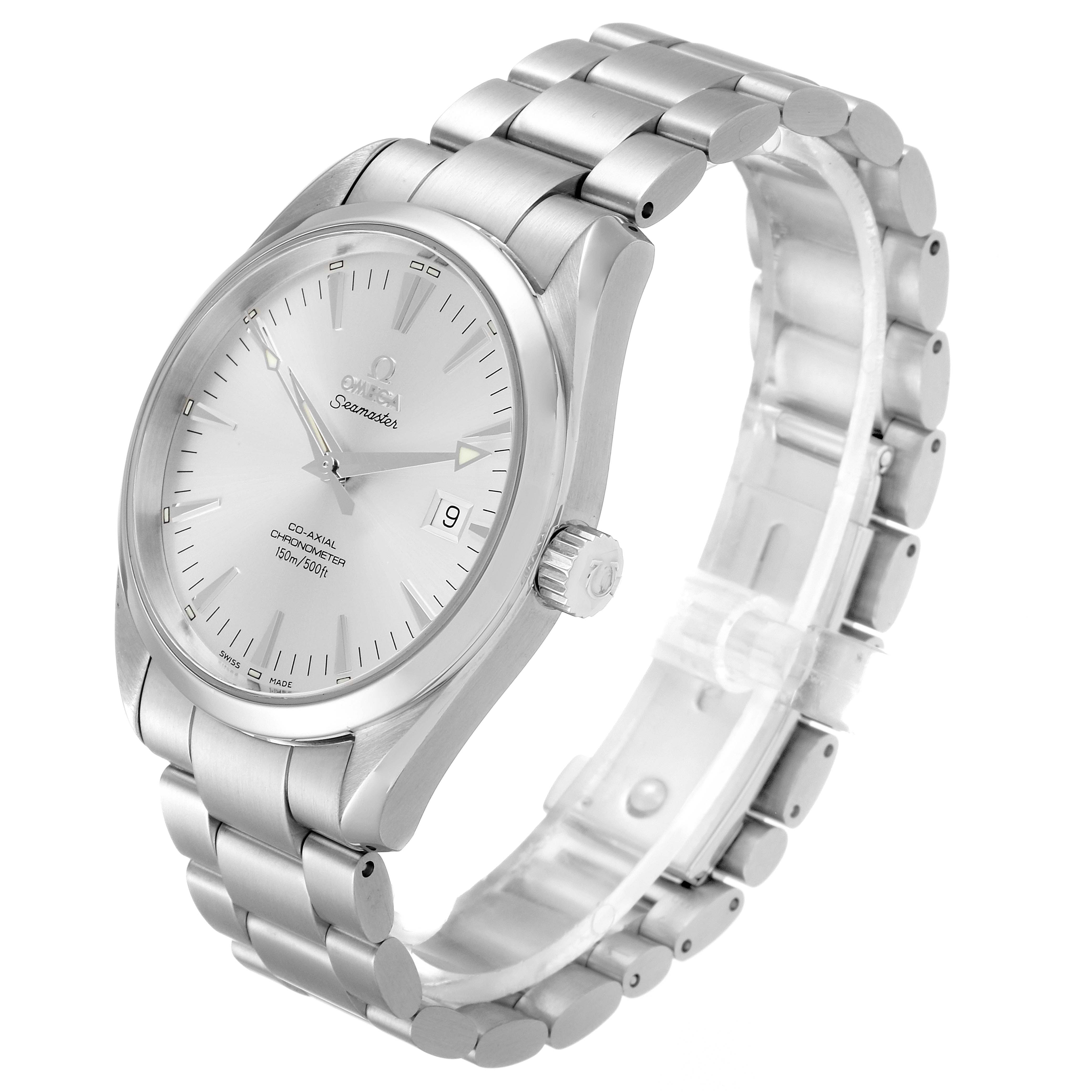 The image shows an Omega Aqua Terra 2503.30.00 Men's Stainless Steel Silver Dial 2503.30.00 Men's Stainless Steel Silver Dial watch at a three-quarter angle, displaying the face, crown, and part of the bracelet.
