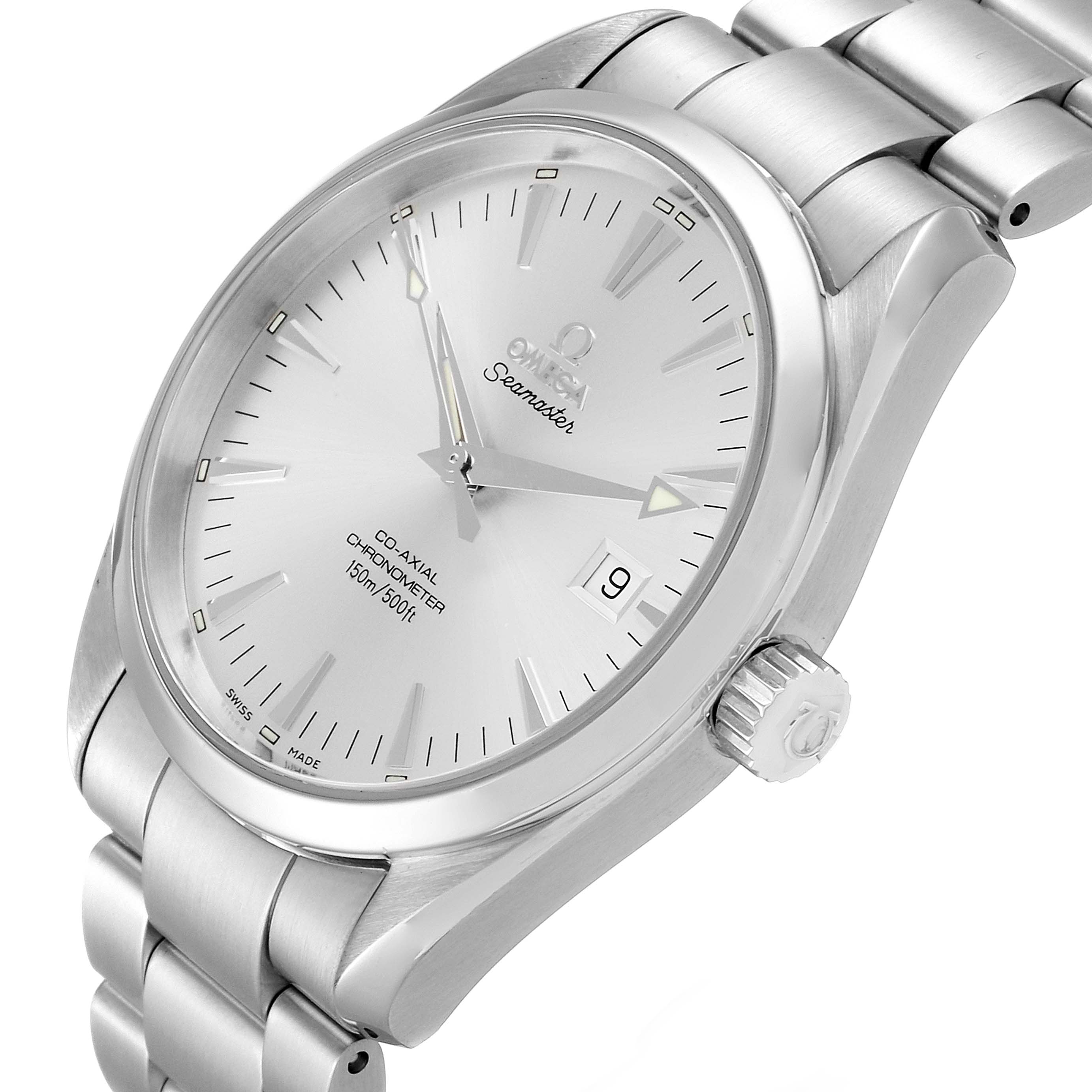The Omega Aqua Terra 2503.30.00 Men's Stainless Steel Silver Dial 2503.30.00 Men's Stainless Steel Silver Dial watch is shown from an angled side view, highlighting the face, crown, and bracelet.