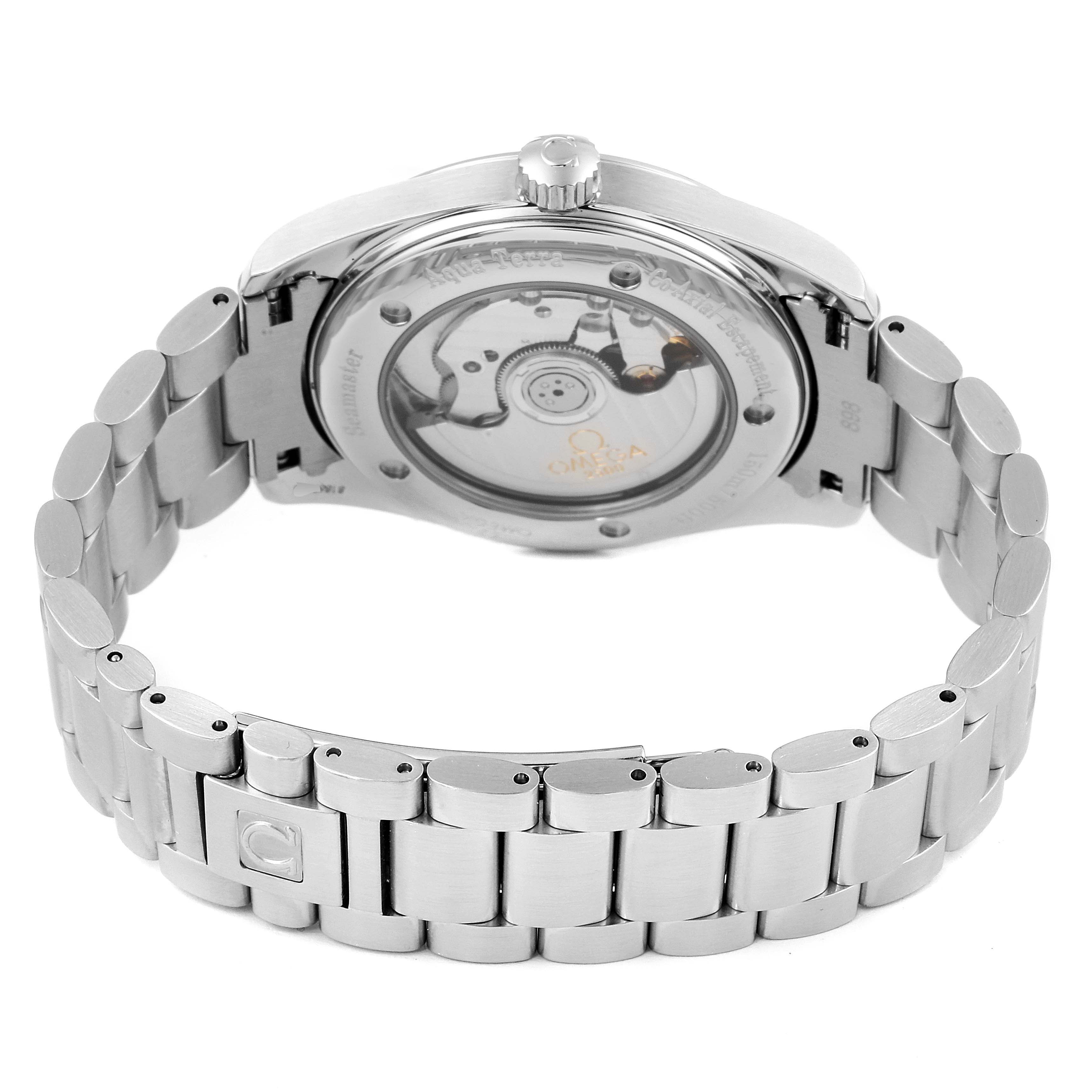 This image shows the back view of an Omega Aqua Terra 2503.30.00 Men's Stainless Steel Silver Dial 2503.30.00 Men's Stainless Steel Silver Dial watch, highlighting the exhibition case back and metal bracelet.