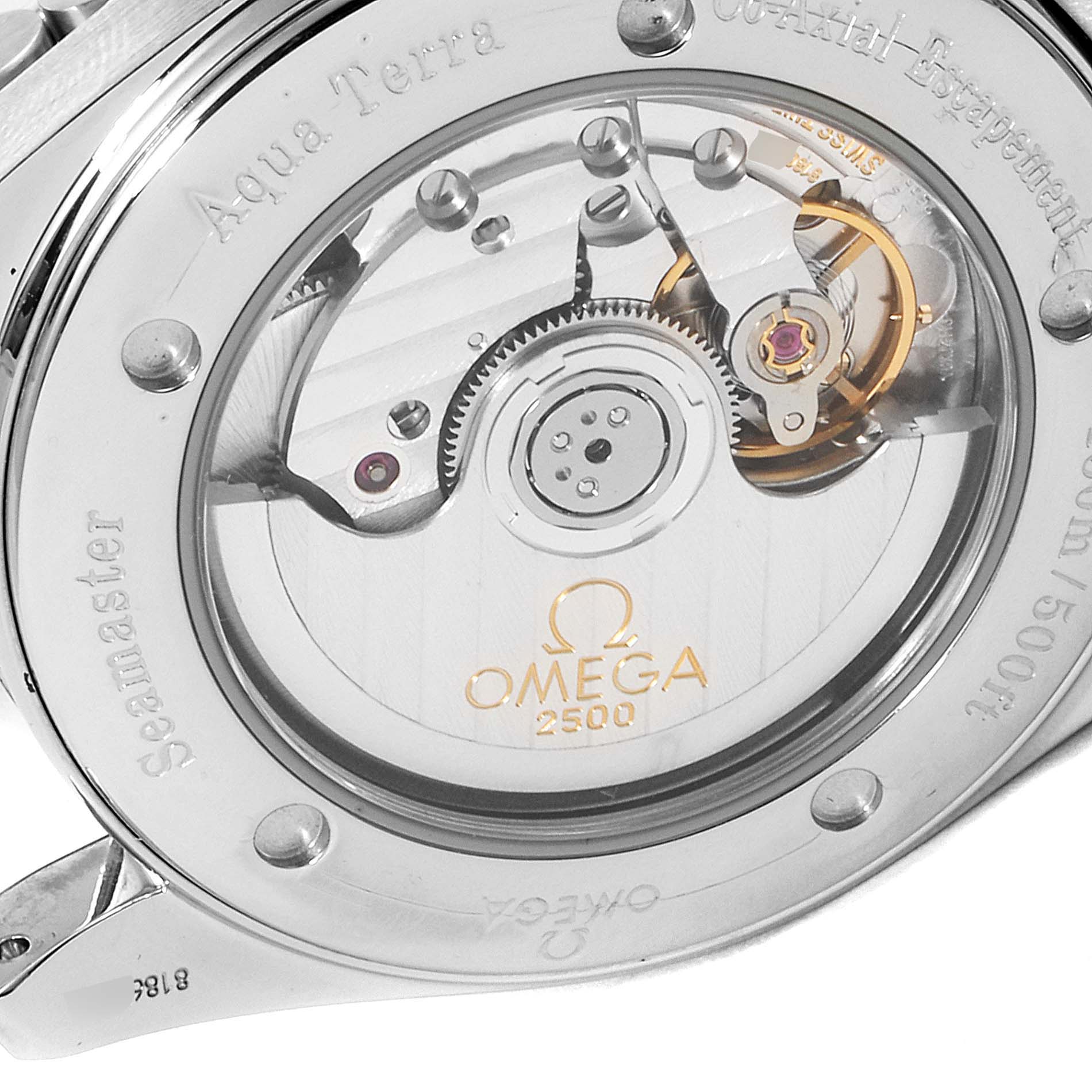This image shows the back of an Omega Aqua Terra 2503.30.00 Men's Stainless Steel Silver Dial 2503.30.00 Men's Stainless Steel Silver Dial watch, highlighting its internal mechanisms and branding.
