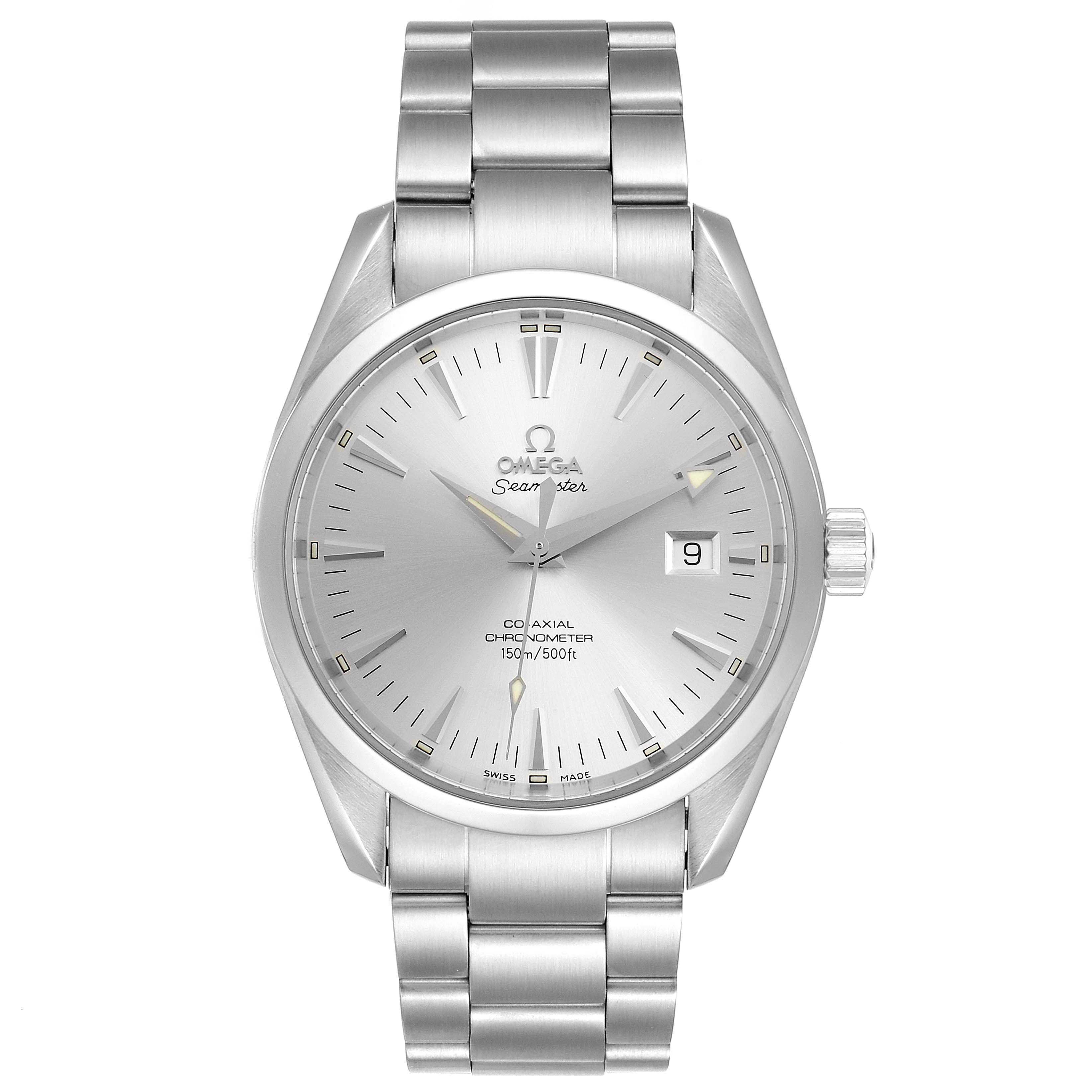 This image shows the front view of the Omega Seamaster Aqua Terra watch, displaying its dial, bracelet, and crown.