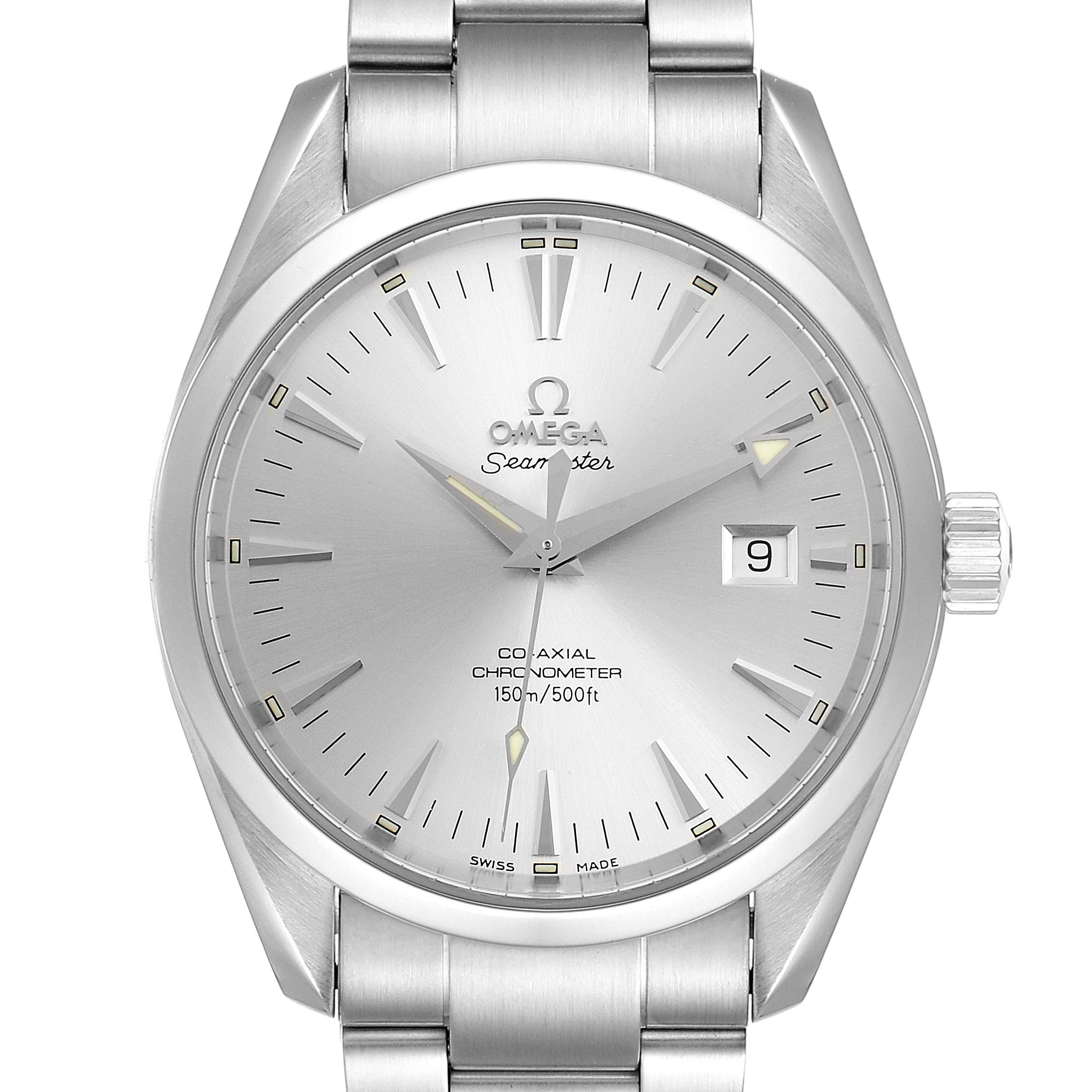The image shows a front view of the Omega Aqua Terra 2503.30.00 Men's Stainless Steel Silver Dial 2503.30.00 Men's Stainless Steel Silver Dial model, displaying its face, bezel, and part of the bracelet.