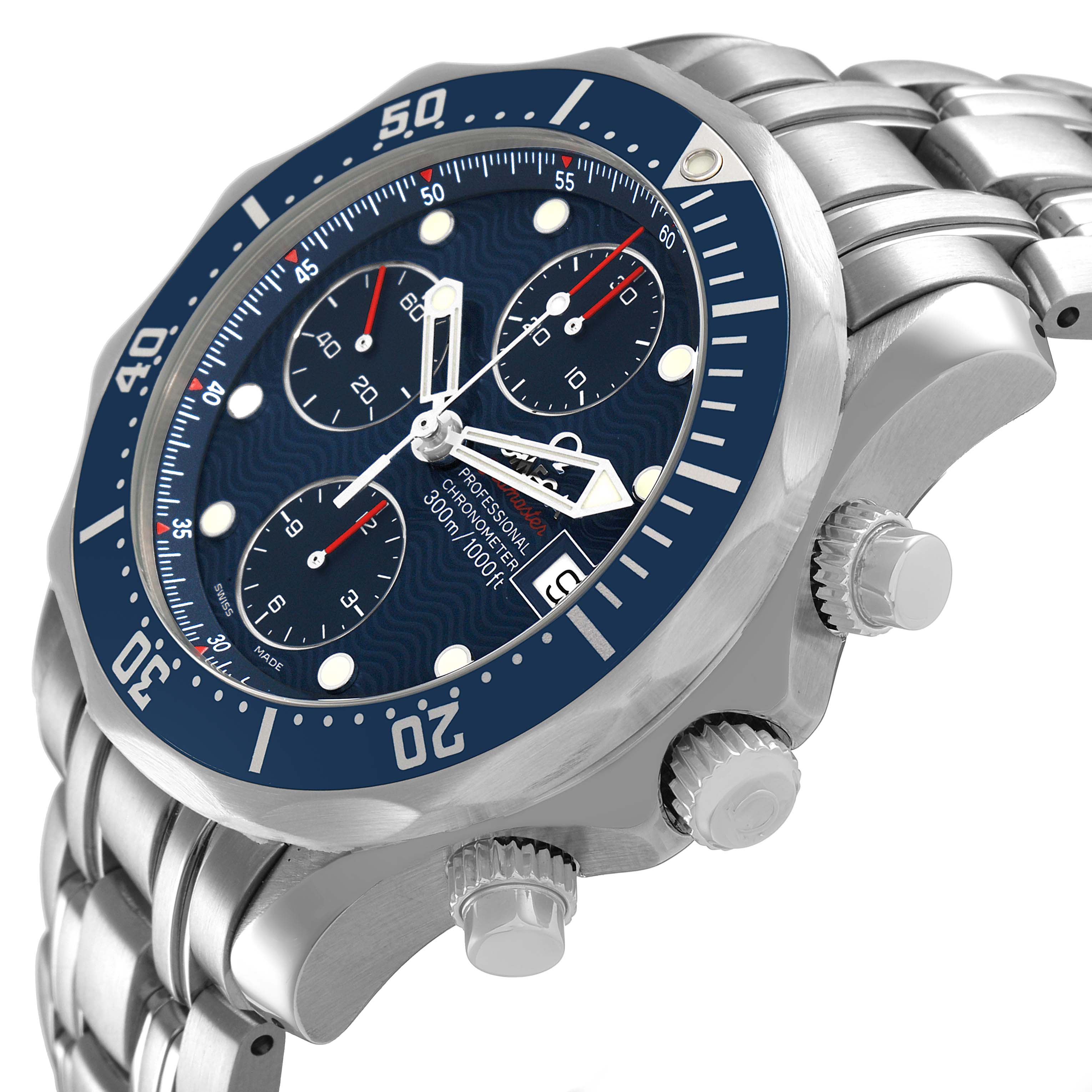 The Omega Seamaster 2225.80.00 Men's Stainless Steel Blue Dial is shown from a side angle featuring the blue bezel, chronograph subdials, crown, and pushers.