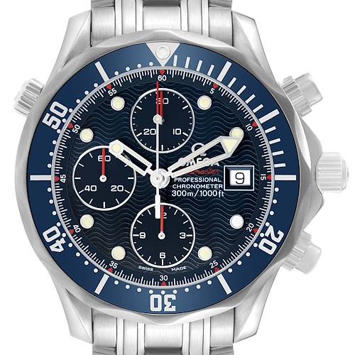 The Omega Seamaster 2225.80.00 Men's Stainless Steel Blue Dial watch is shown from the front, displaying its dial, subdials, hands, bezel, and crown.